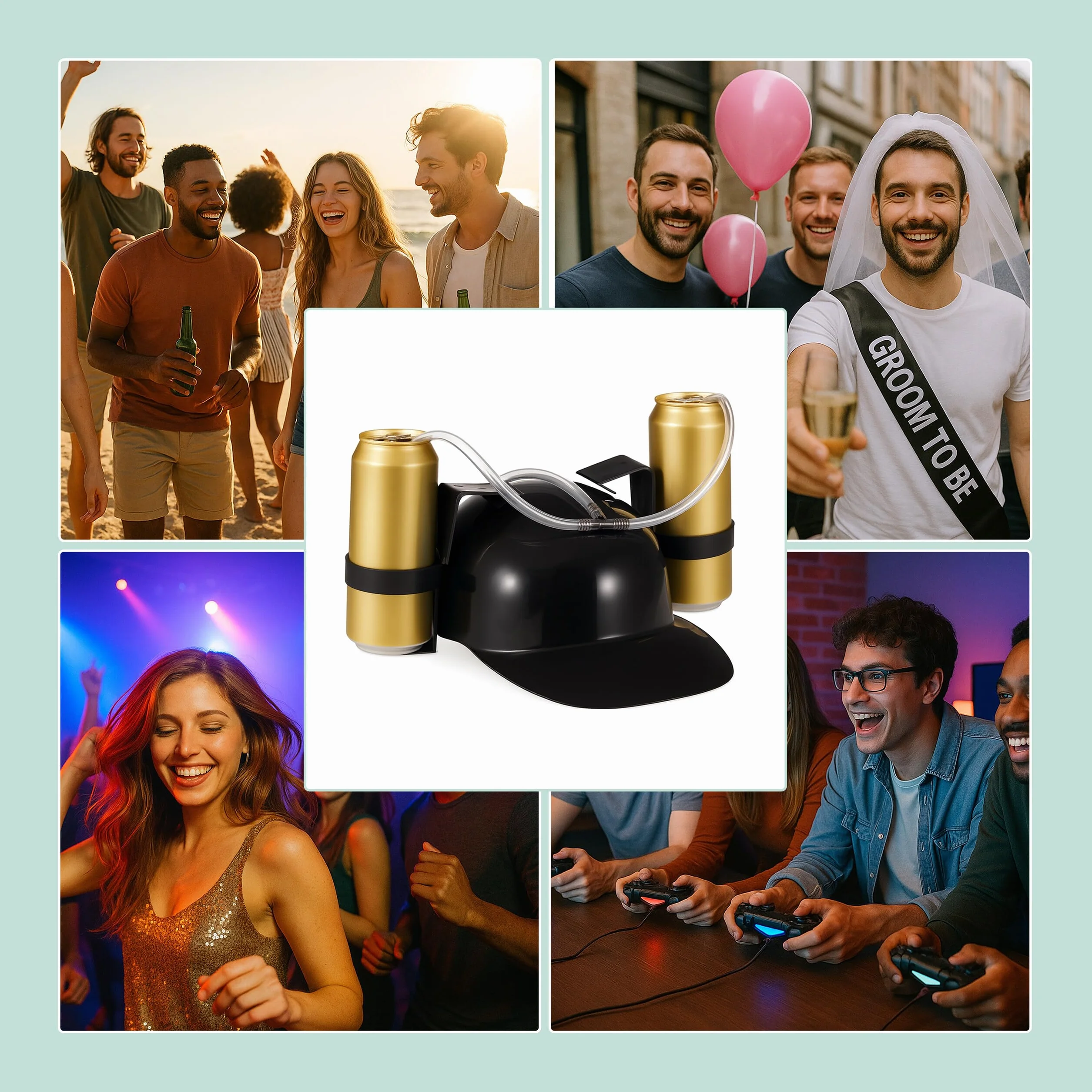 Relaxdays Kask do picia na imprezę, z wężem, na 2 puszki piwa, artykuły zabawne, na karnawał i piłkę nożną, czarny