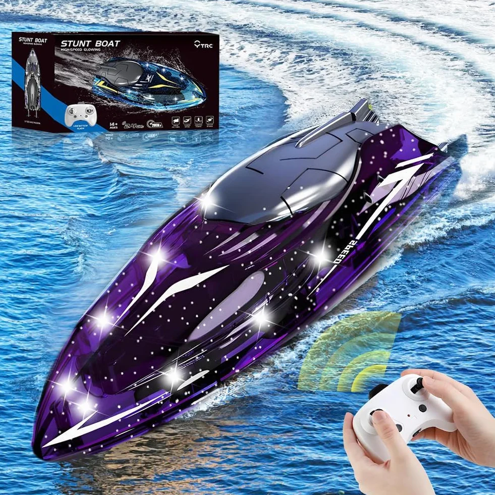 Zdalnie Sterowana Łódź,Zabawka Z Oświetleniem LED,Pilot Zdalnego Sterowania 2,4 G, 360°,Zabawka Wodna Dla Dzieci, Wodoszczelna,Wysoka Prędkość 20 Km/h, Zabawka Basenowa Dla Chłopców I.