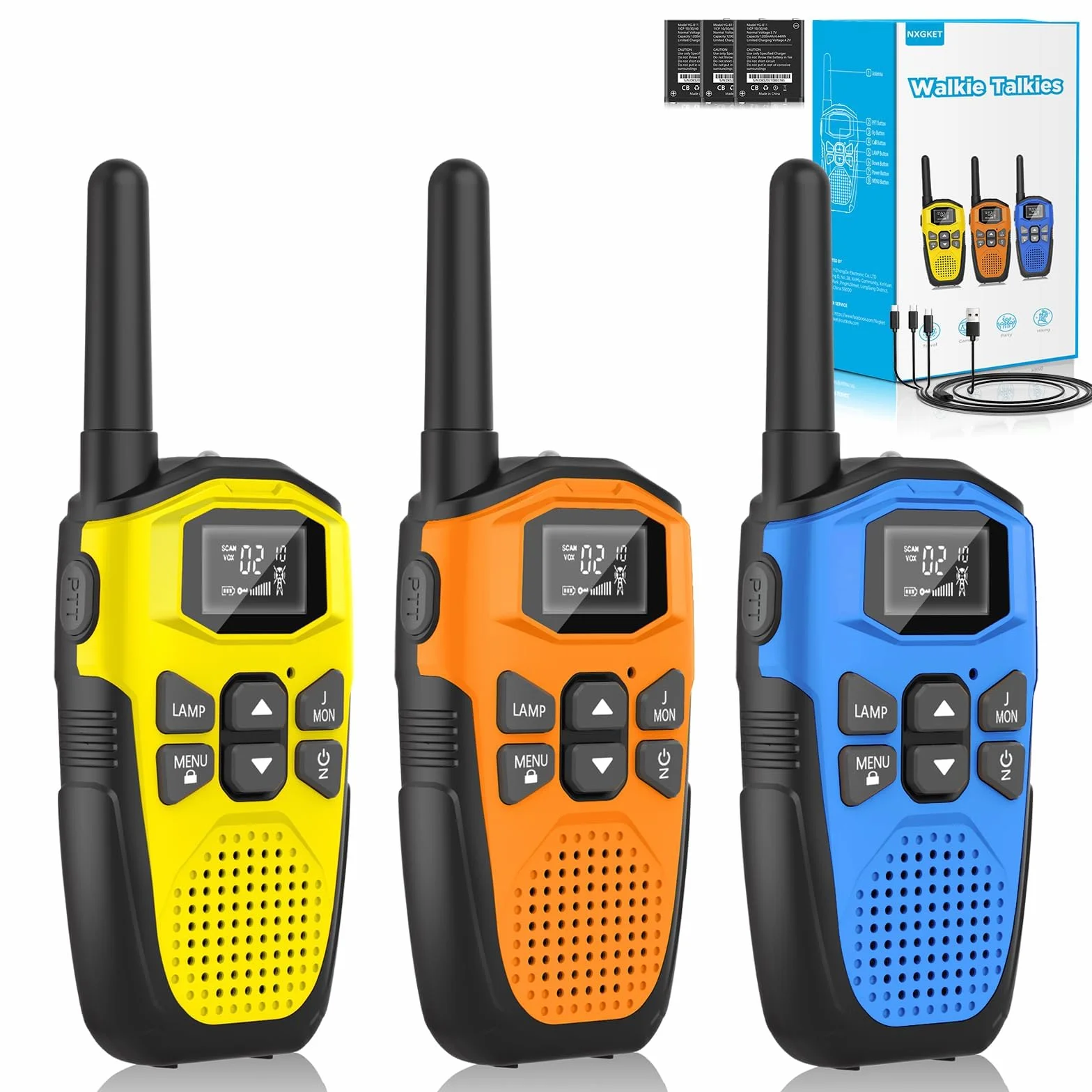 Walkie Talkie dla dorosłych o dużym zasięgu, 3 sztuki, NXGKET Akumulatorowe Walkie Talkie dla dzieci z wbudowaną baterią litowo-jonową, 16-kanałowe radio z kablem ładującym typu C,na kemping