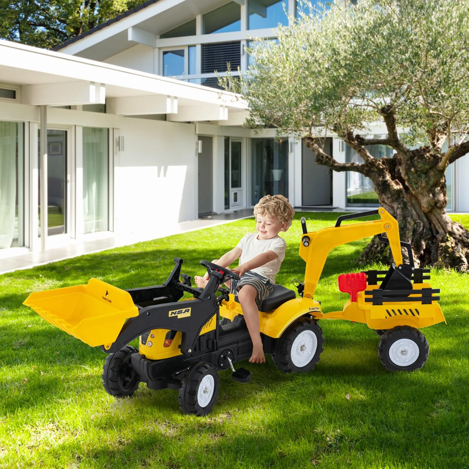 COSTWAY Traktor na pedały, dla dzieci ze zdejmowaną przyczepą i szuflą do grobu, koparko-ładowarka, obciążenie do 35 kg, koparka do siedzenia dla dzieci w wieku 3-6 lat (żółty)