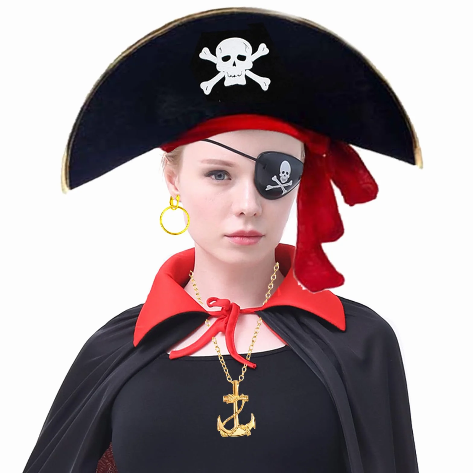 6-częściowy zestaw akcesoriów do kostiumu pirata dla dzieci, zawiera czapkę piracką, opaskę na oczy, naszyjnik, kolczyki, torbę na pieniądze, idealny na Halloween, imprezę, cosplay i motyw