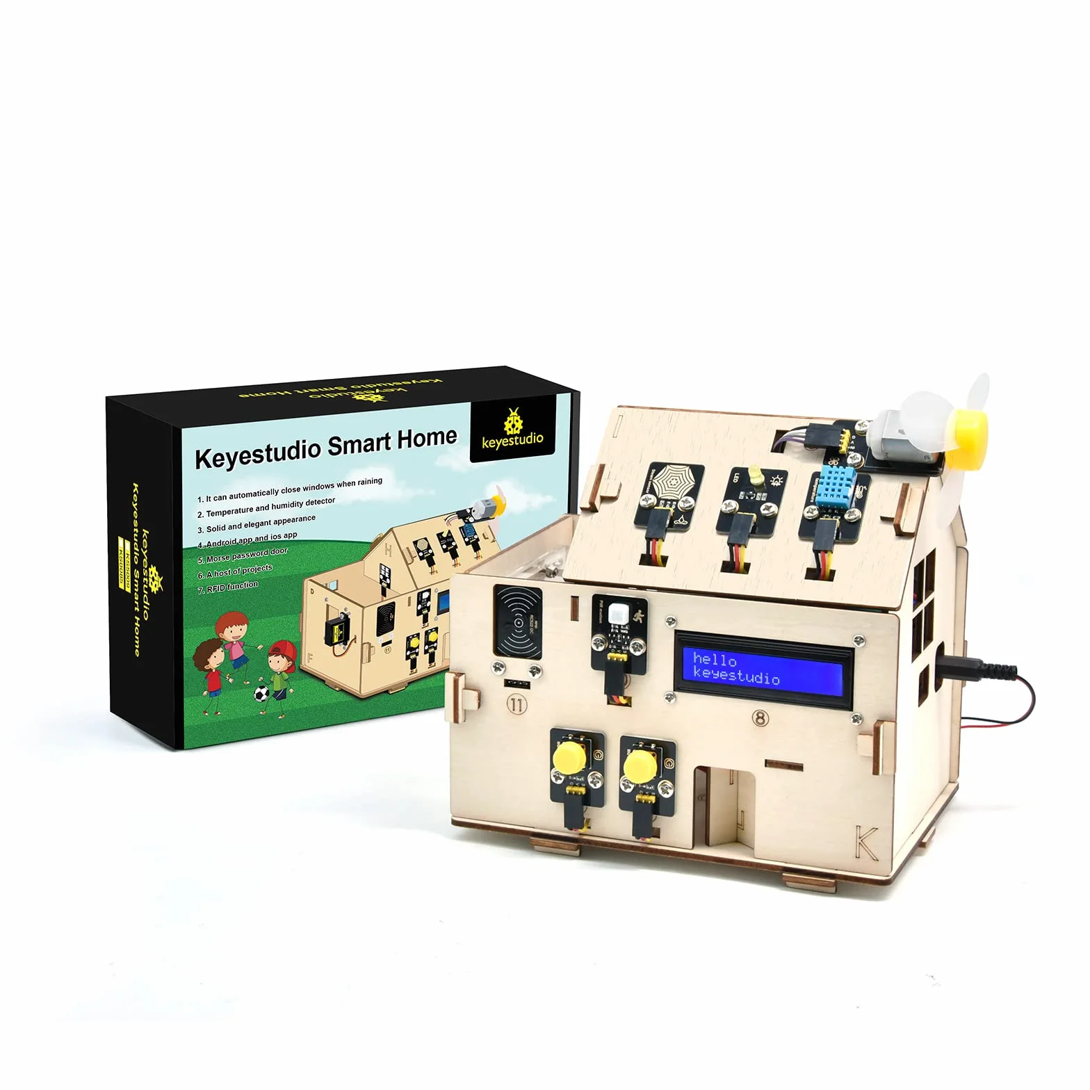 KEYESTUDIO Zestaw startowy inteligentnego domu do Arduino ESP32 i Python, elektroniczny zestaw do kodowania automatyki domowej, zestaw elektrotechniczny, drewniany dom dla nastolatków 14+