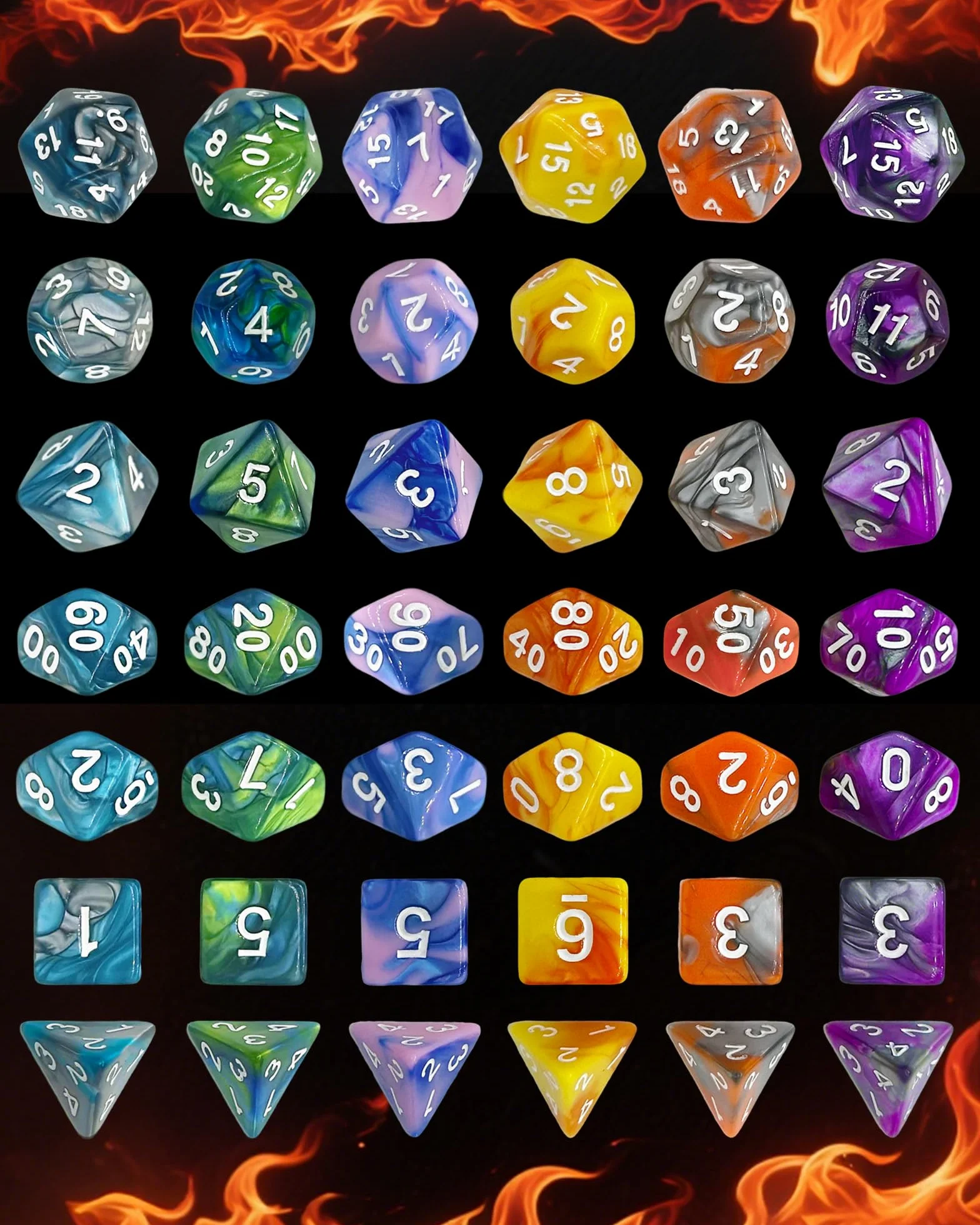 Wielościenne Kości RPG, 42 Sztuk – 6 Zestawy z torbą do przechowywania dla D&D, MTG oraz gier planszowych, Zawiera D20, D12, D8, D6, D4, D10 (0-9) i D10 (00-90)