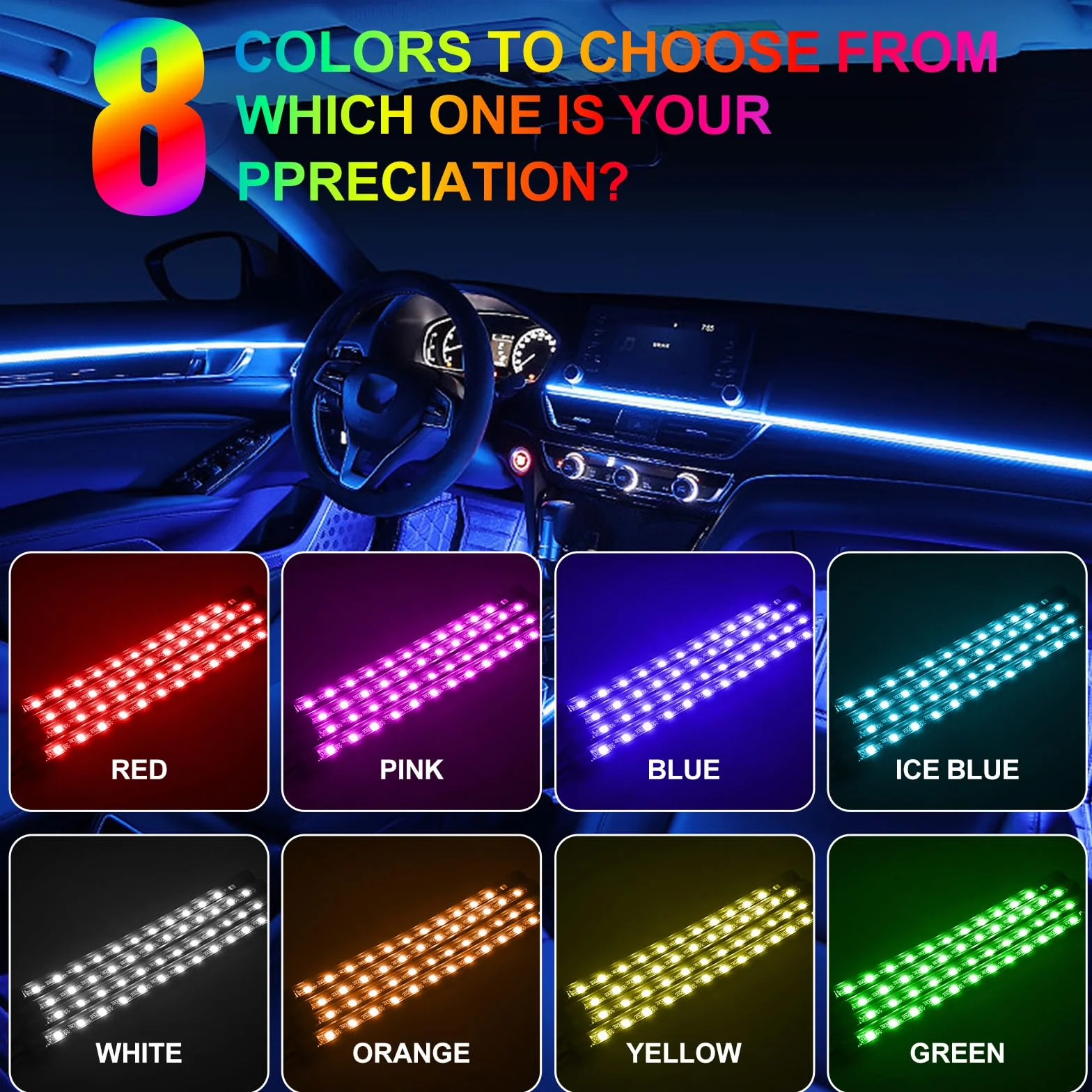Oświetlenie wewnętrzne LED do samochodu 4 sztuki 72 paski RGB 12 V taśma LED ze sterowaniem aplikacją