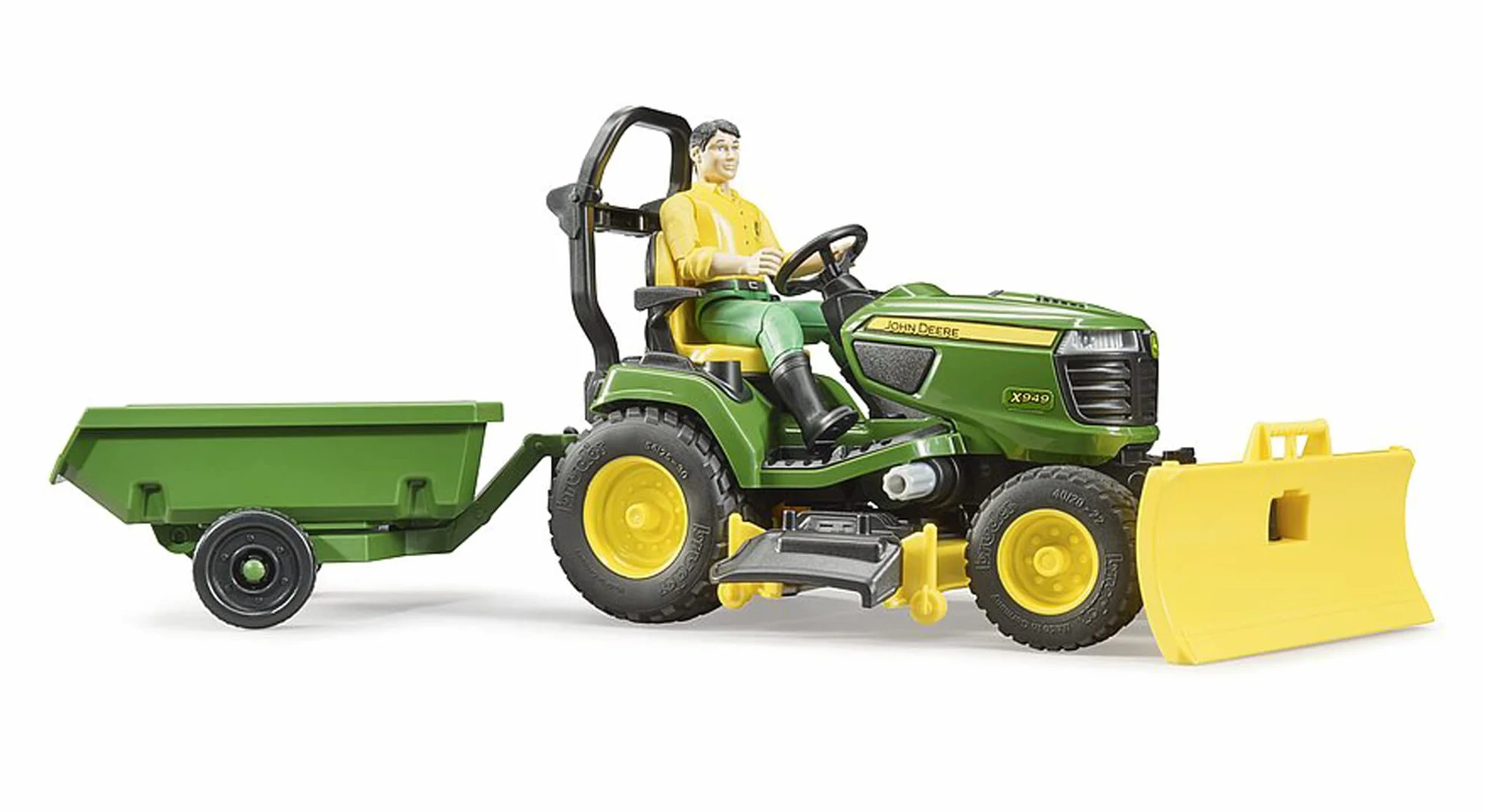 bruder 62104 - Bworld John Deere Traktor ogrodowy z przyczepą i ogrodnikiem - 1:16 Traktor, kosiarka, przyczepa, gospodarstwo, mężczyzna, zabawka figurkowa, pracownik, rolnik