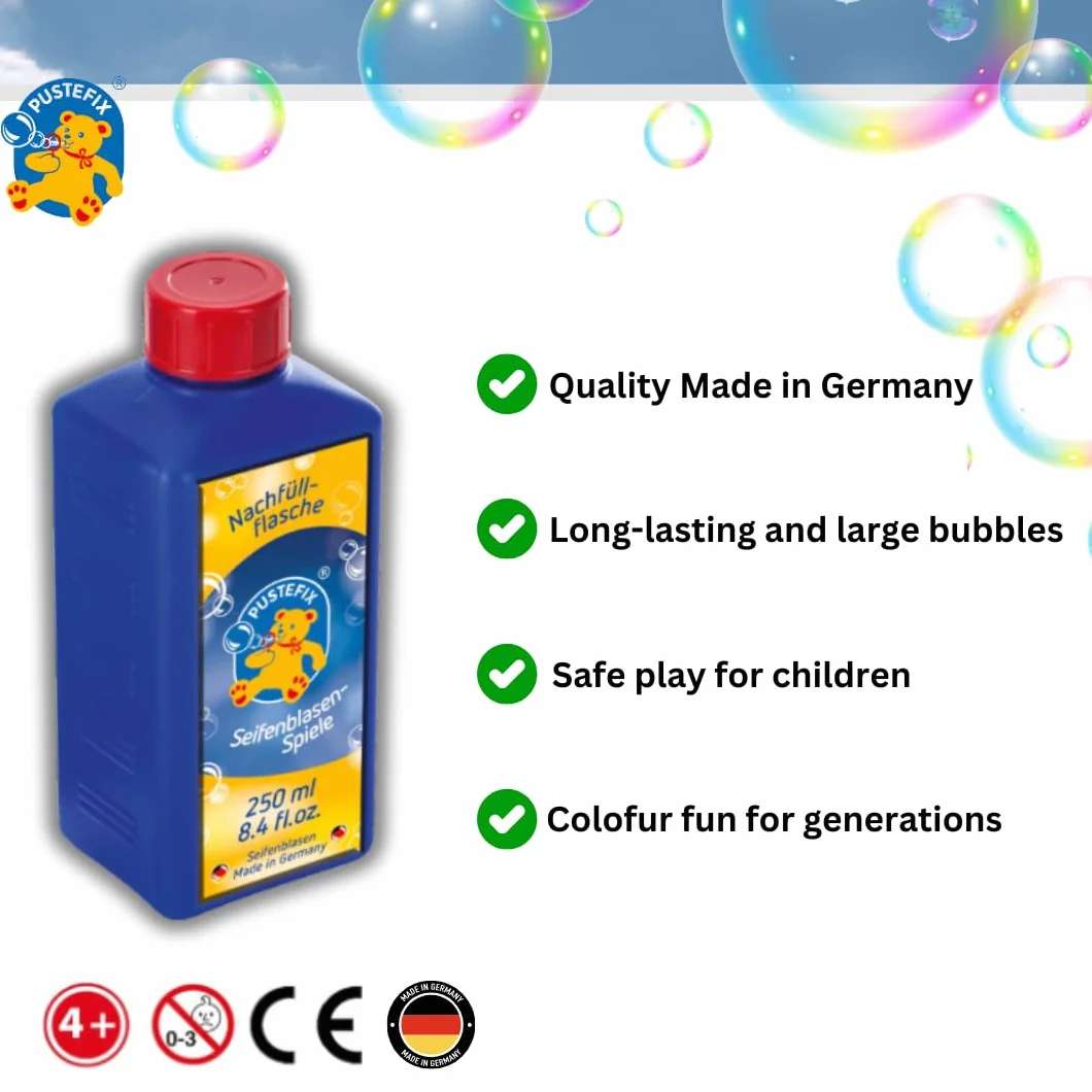 PUSTEFIX butelka uzupełniająca Mini, 250 ml płyn do baniek mydlanych Made in Germany bańki mydlane na wesele urodziny dziecka wieczór bańki mydlane dla dzieci i dorosłych