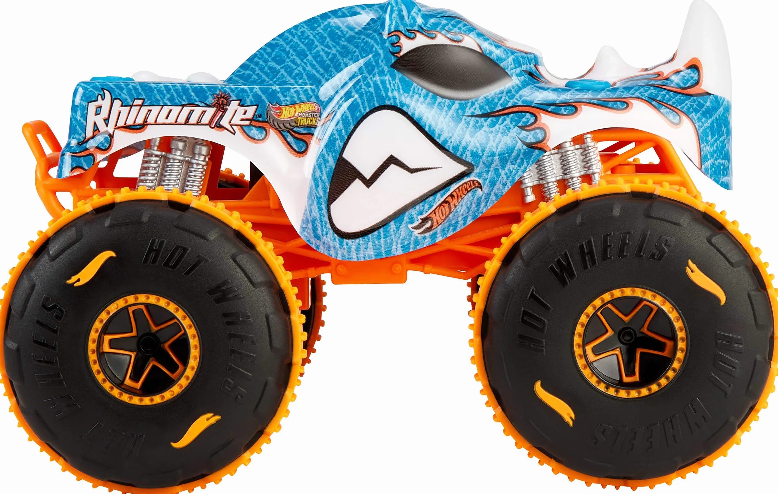Hot Wheels Monster Trucks RC Rhinomite Pojazd zdalnie sterowany w skali 1:24, terenowy samochód RC do jazdy po różnych powierzchniach dzięki oponom Grip Action, JBK11