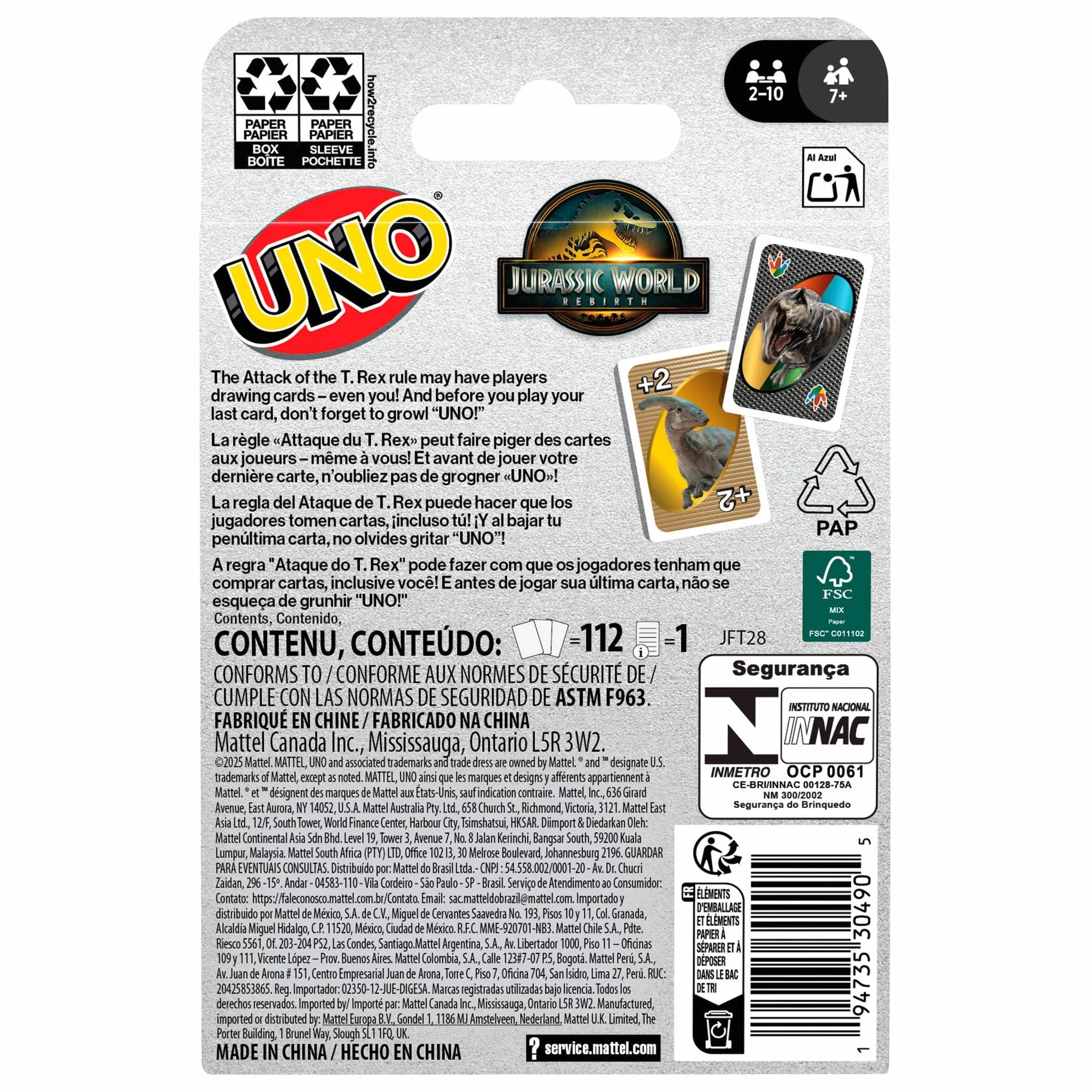 Mattel Games, Karty UNO Jurassic World Odrodzenie Gra karciana dla dzieci, rodzin i dorosłych na wieczór gier, talia z regułą specjalną i grafikami inspirowanymi filmem, JFT28
