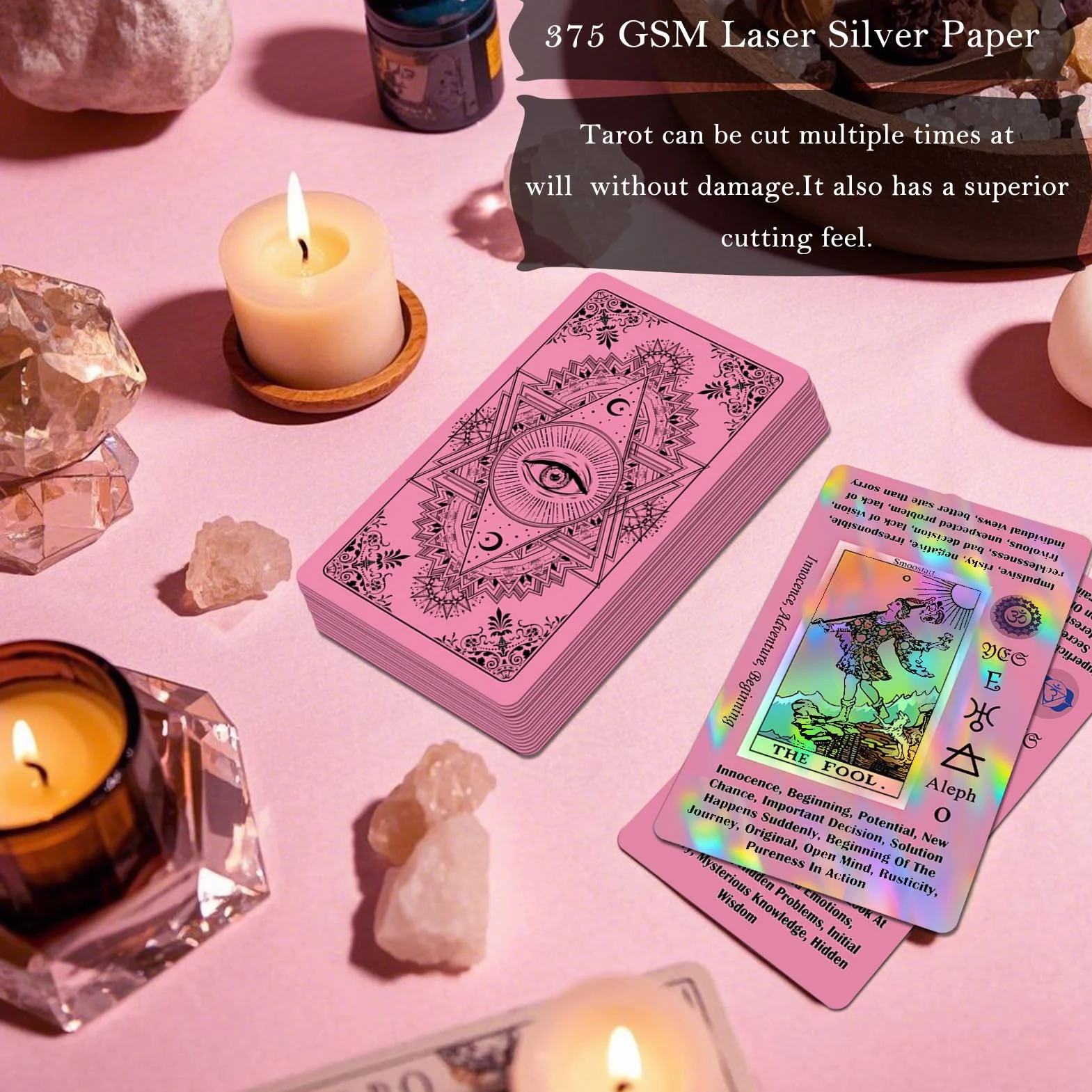 Smoostart Różowa holograficzna talia tarota dla początkujących z przewodnikami, słowami kluczowymi, elementami, planetami, znakami zodiaku, czakrami, tak lub nie, numerologią, literami hebrajskimi