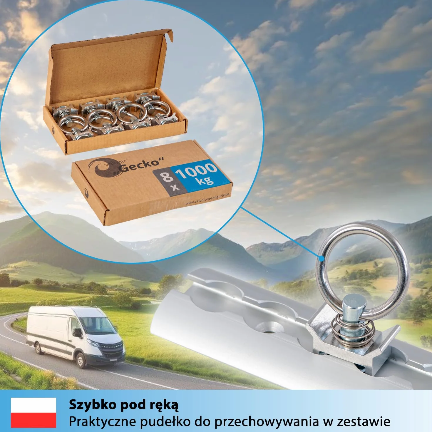valonic GECKO - 8x mocowanie do szyny lotniczej, 1000 daN, ucha mocujące do systemu szynowego, adapter do szyny mocującej, akcesoria do samochodów dostawczych, bagażnik, szyna mocująca