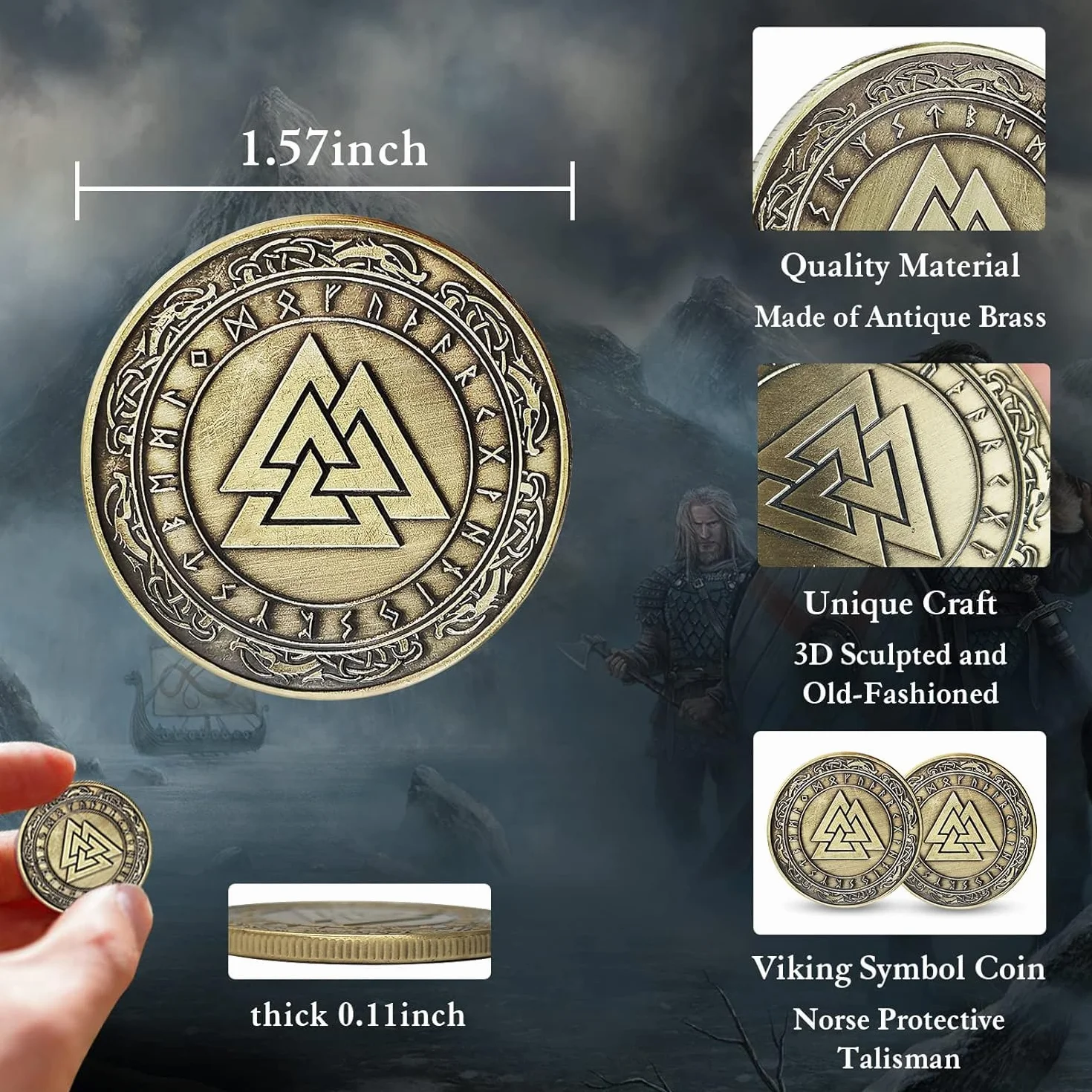 Norse Viking Mjolnir Coin Młot Thora, Coin Mitologia nordycka, talizman (Valknut Coin (Knot of the Slain Warrior))