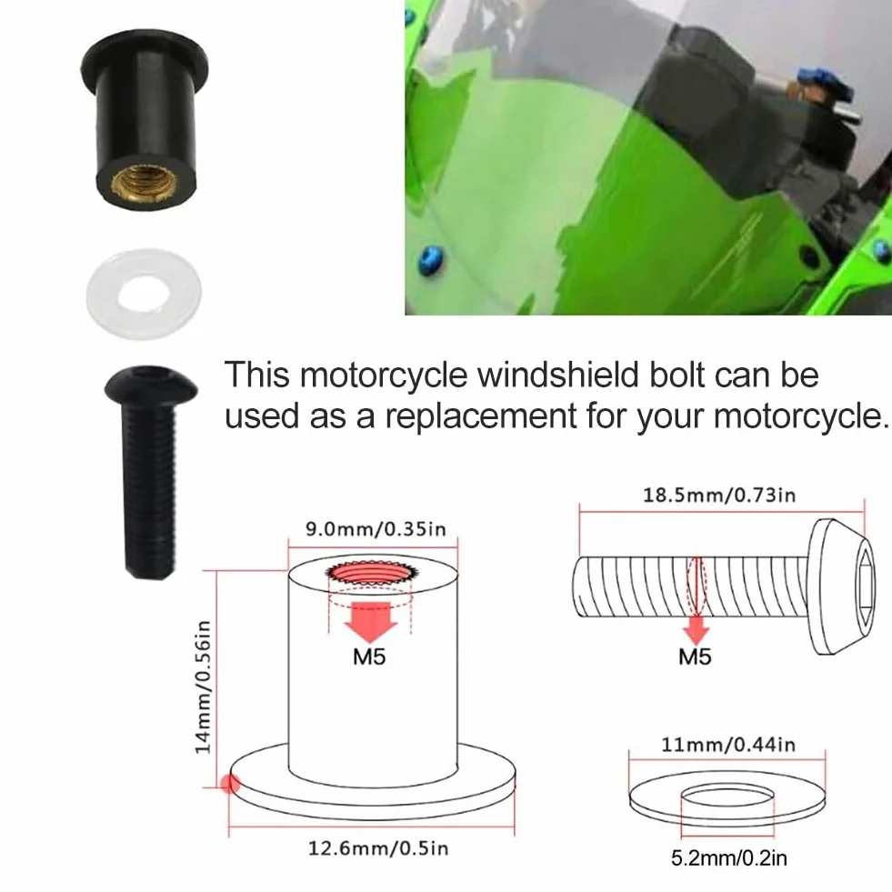Comioke Śruby mocujące do szyby motocyklowej, M5 x 16 mm, śruby do szyby przedniej, 10 sztuk śrub i śrub do przedniej szyby, wkrętaka, osłony przed wiatrem