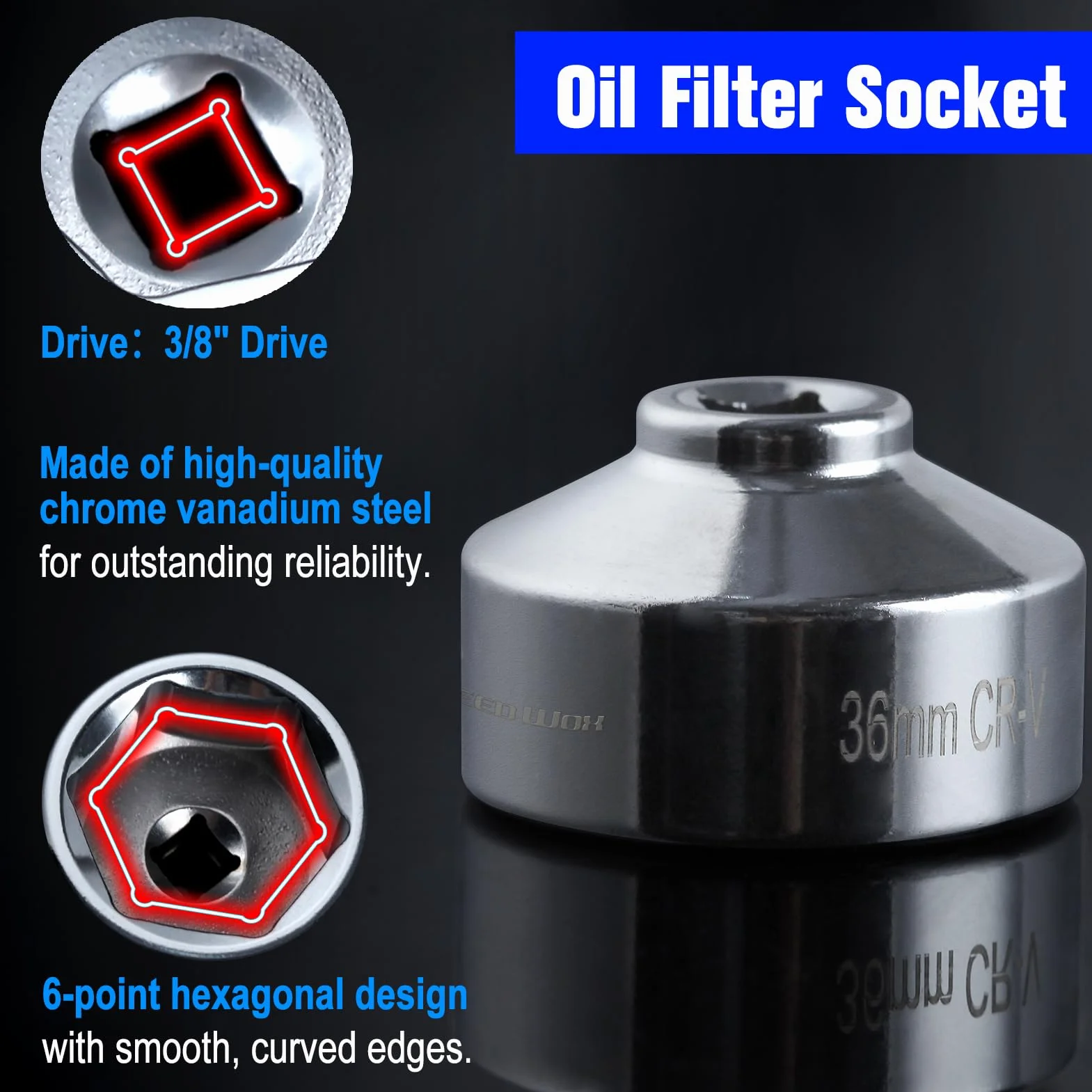 SPEEDWOX Klucz nasadowy filtra oleju 36 mm niskoprofilowy klucz do filtra oleju narzędzie do usuwania filtra oleju 6-punktowe gniazdo napęd 3/20.3 cm kompatybilny z Ford F250 6.0, F250 6.4, różne BMW,