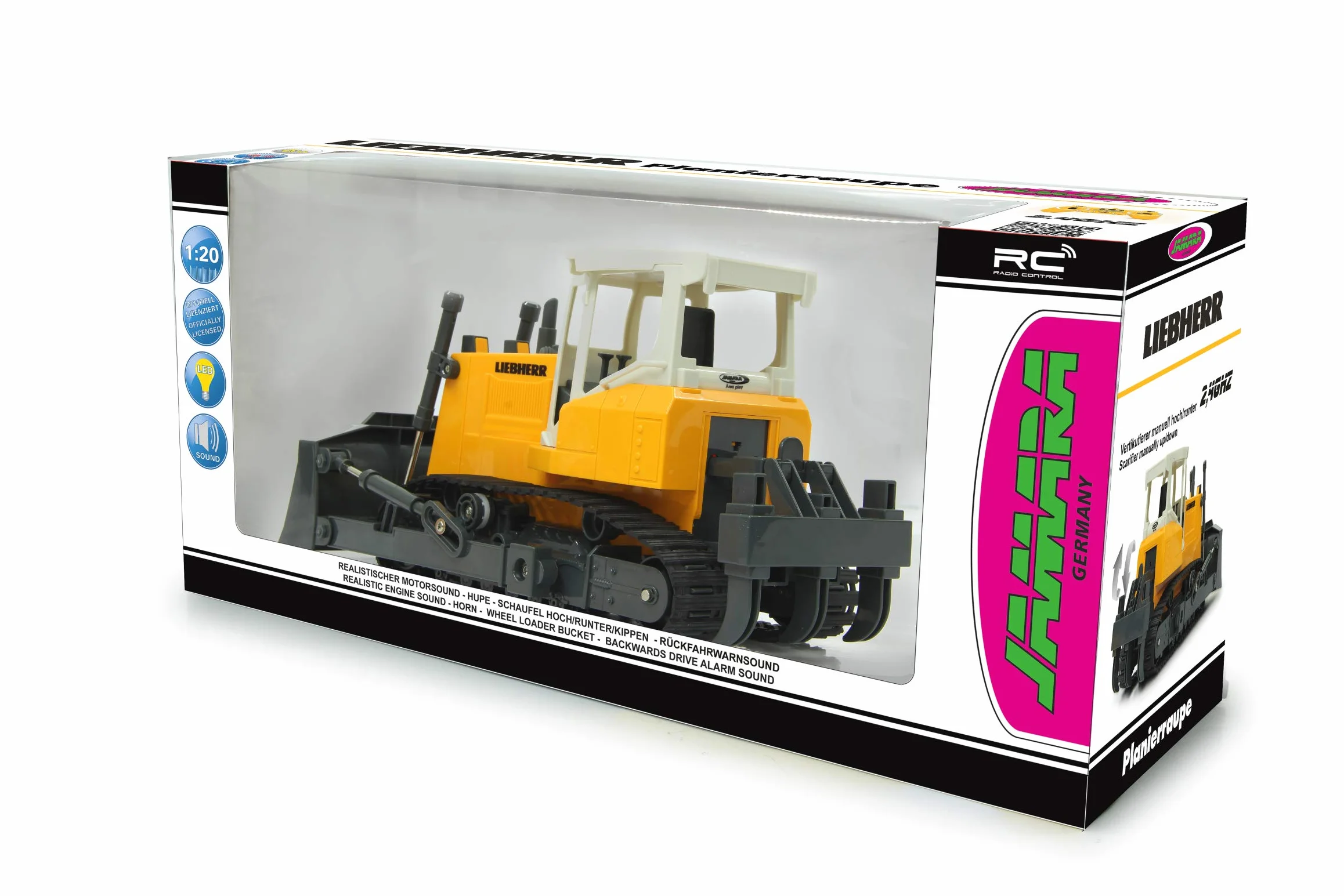 Gąsienica planierska Liebherr 1:20 2,4 GHz – programowalne funkcje, realistyczny dźwięk silnika (z możliwością wyłączenia), łopatka podnoszenie/opuszczanie, wertykulator w górę/w dół (ręczny)