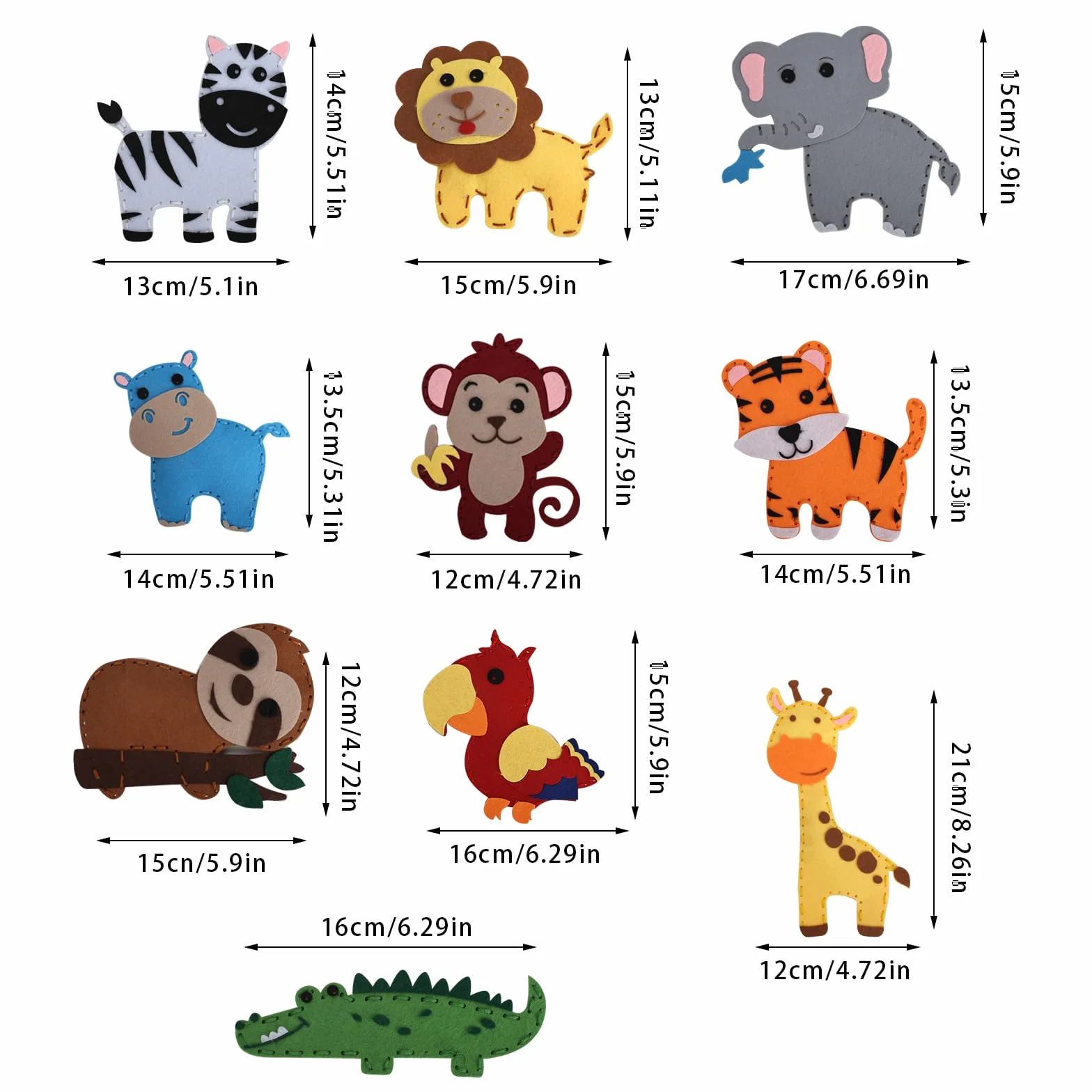 Zestaw do Szycia Filcowego dla Dzieci 6+ – 12 Filcowych Zwierząt (Lew, Hipopotam, Żyrafa, Małpa, Choinka, Słoń, Tygrys, Papuga, Sarna, Leniwiec, Krokodyl, Zebra), Zabawki Edukacyjne DIY, Kolorowe Nici