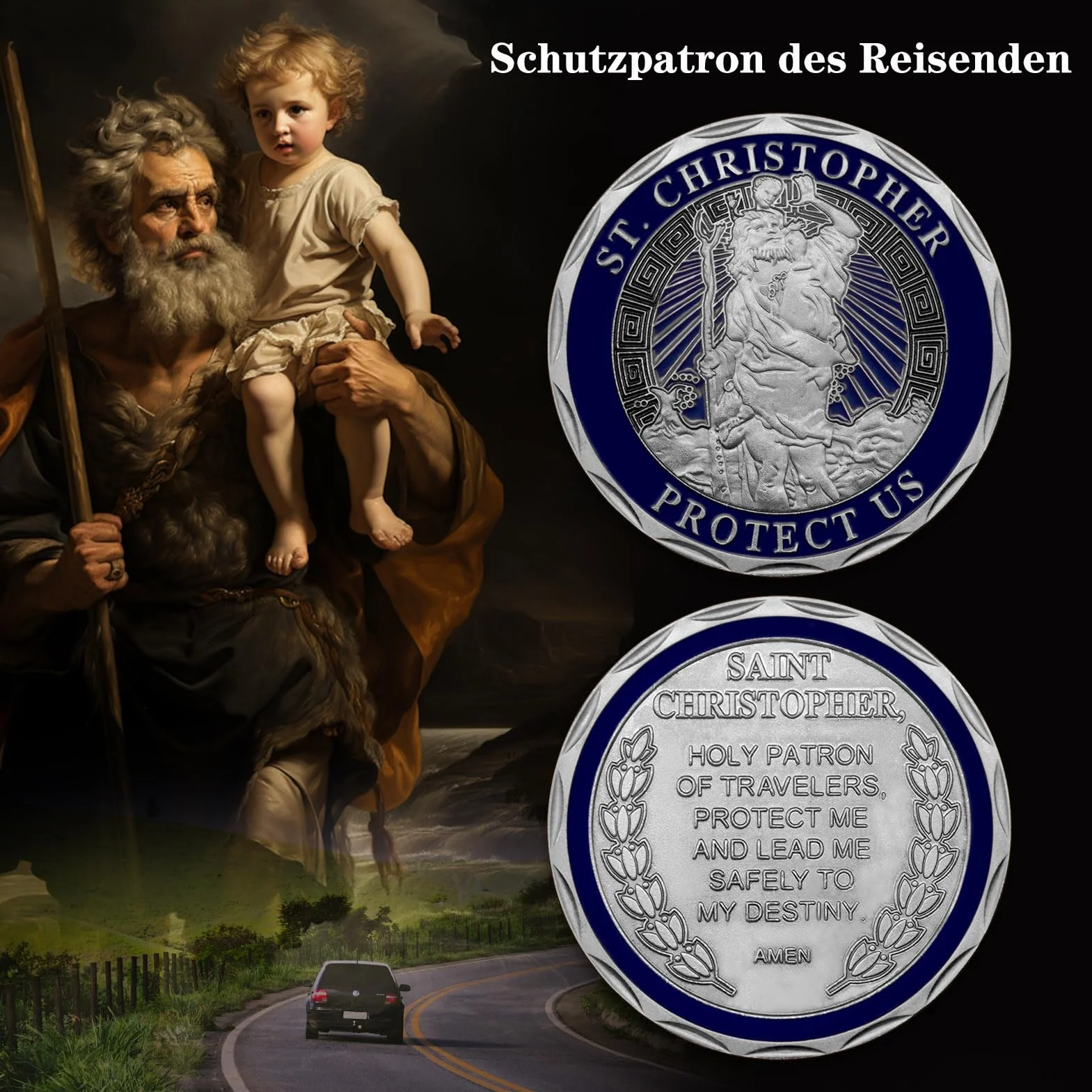 Plakietki na samochód Świętego Krzysztofa Ø 4 cm, medal, zestaw z magnesem i naklejkami (stare srebro)