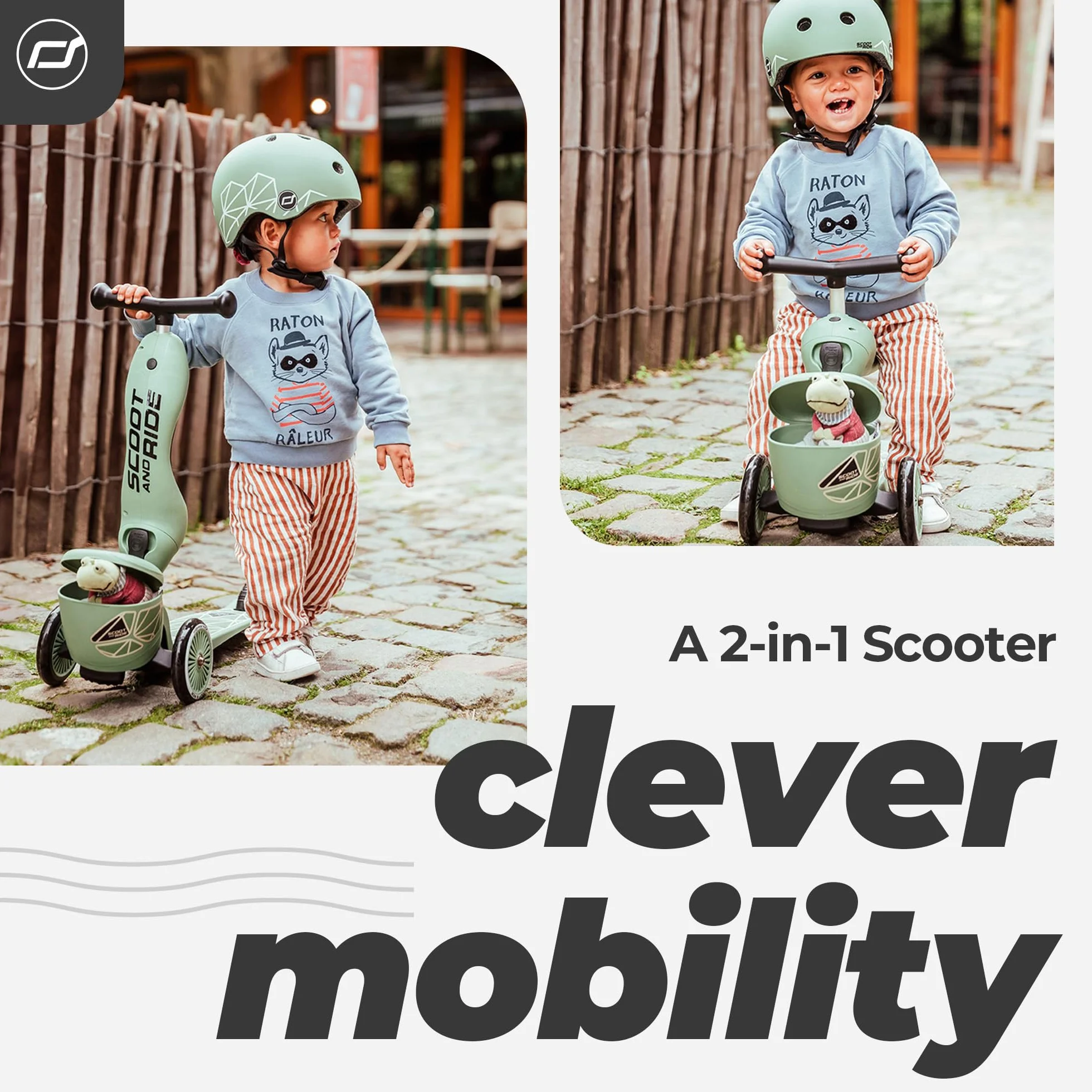 Scoot & Ride Unisex – Baby Highwaykick 1 Lifestyle Kickboard z siedziskiem i pojemnikiem (zielona)