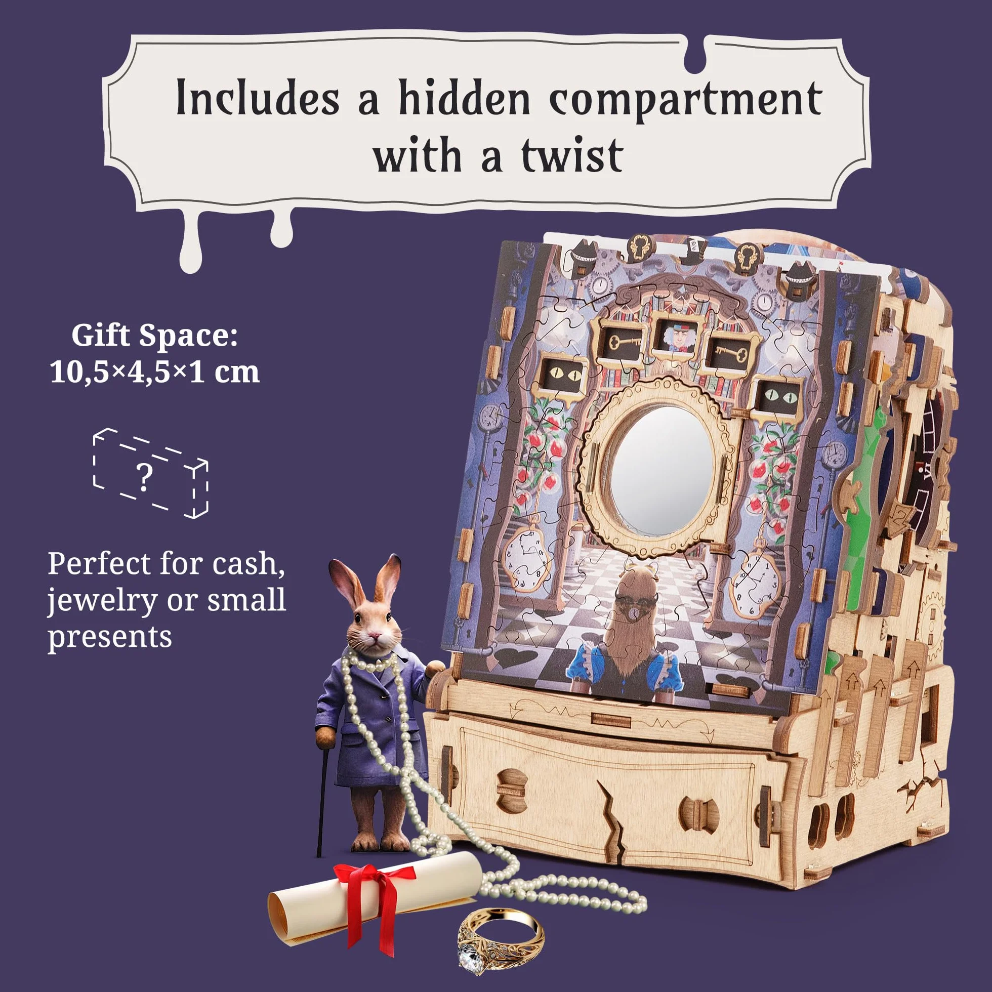 iDventure Cluepuzzle Wonderbox of Alice | gra Escape Room z puzzlami | Alicja w Krainie Czarów 3D | pudełko na prezent | skrzynia skarbów | pudełko na puzzle sekwencyjne | prezent pieniężny | prezent