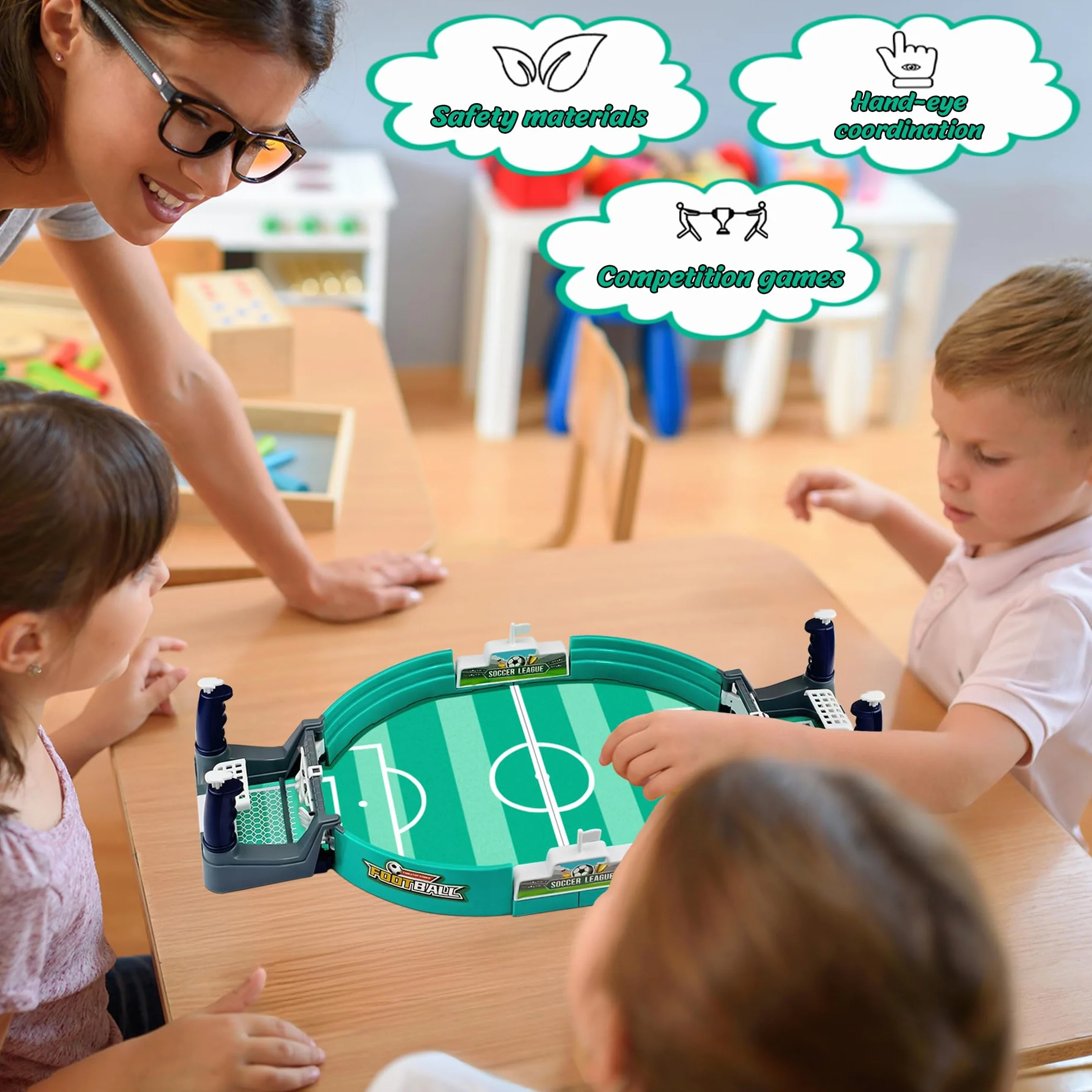 Mini piłkarzyki, interaktywna gra w piłkarzyki z 6 piłkami, przenośna, lekka piłka stołowa, na imprezę, dla rodziców i dzieci, prezenty dla dzieci od 4 lat [zielono-szary]