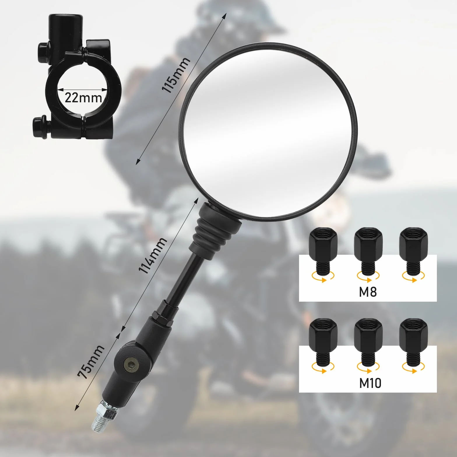 komplet uniwersalnych lusterek wstecznych do motocykla z gwintowanymi mocowaniami M8 i M10, mocowanie na kierownicy, lusterko na końcu kierownicy, lusterko wsteczne do ATV, skutera, hulajnogi