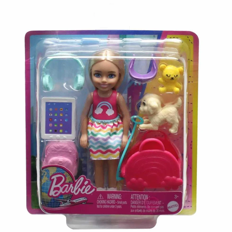 Barbie Chelsea Small Doll & 6 Accessories, Travel Set with Puppy, Pet Carrier & Backpack that Opens & Closes, Blonde Hair, HJY17