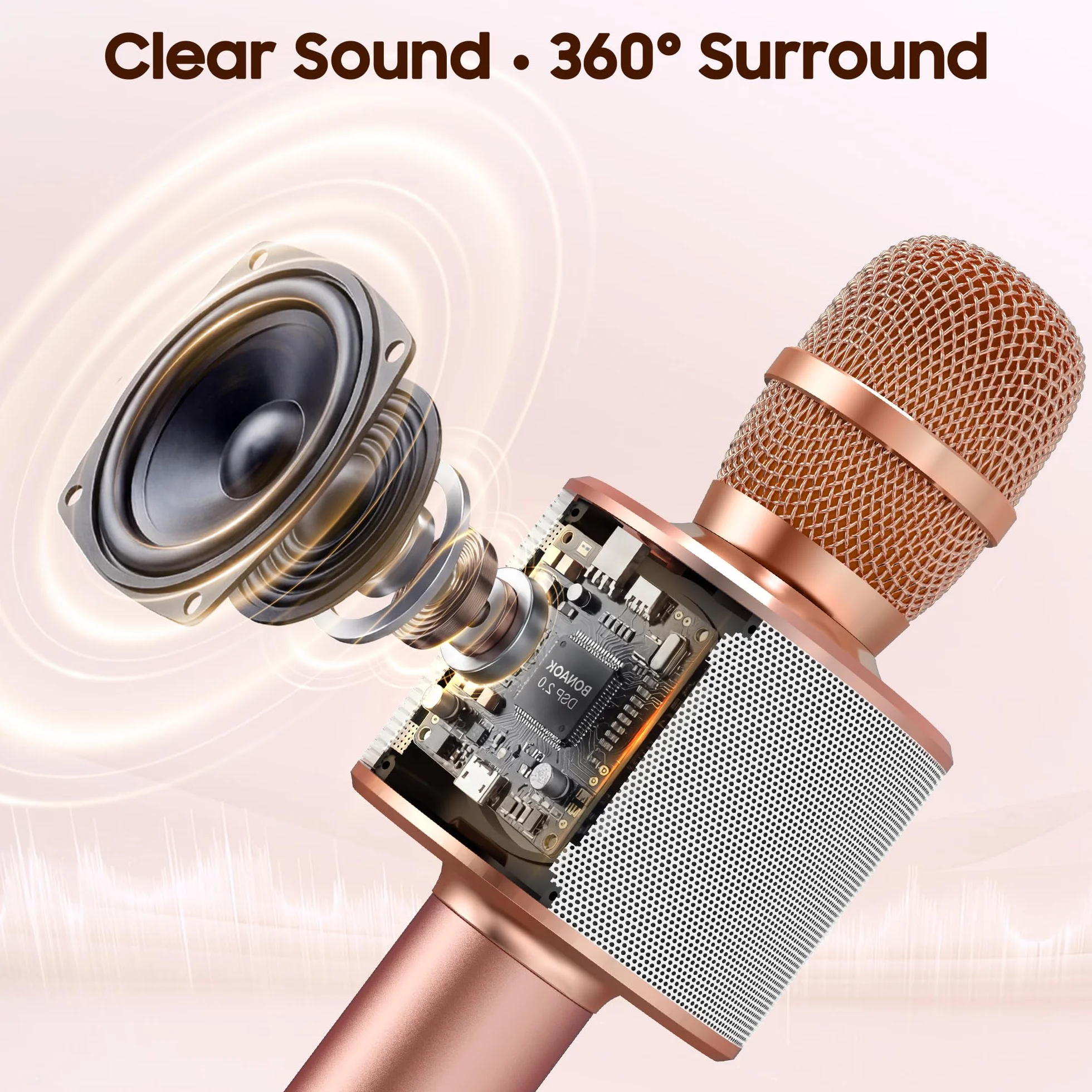Bluetooth Karaoke Mikrofon Kinder, BONAOK Drahtlose Dynamisches Mikrofon mit Lautsprecher, Familie Party Podcast Auto Bluetooth Mikrofon Kabellos, Kompatibel mit Android/IOS(Rose Gold)