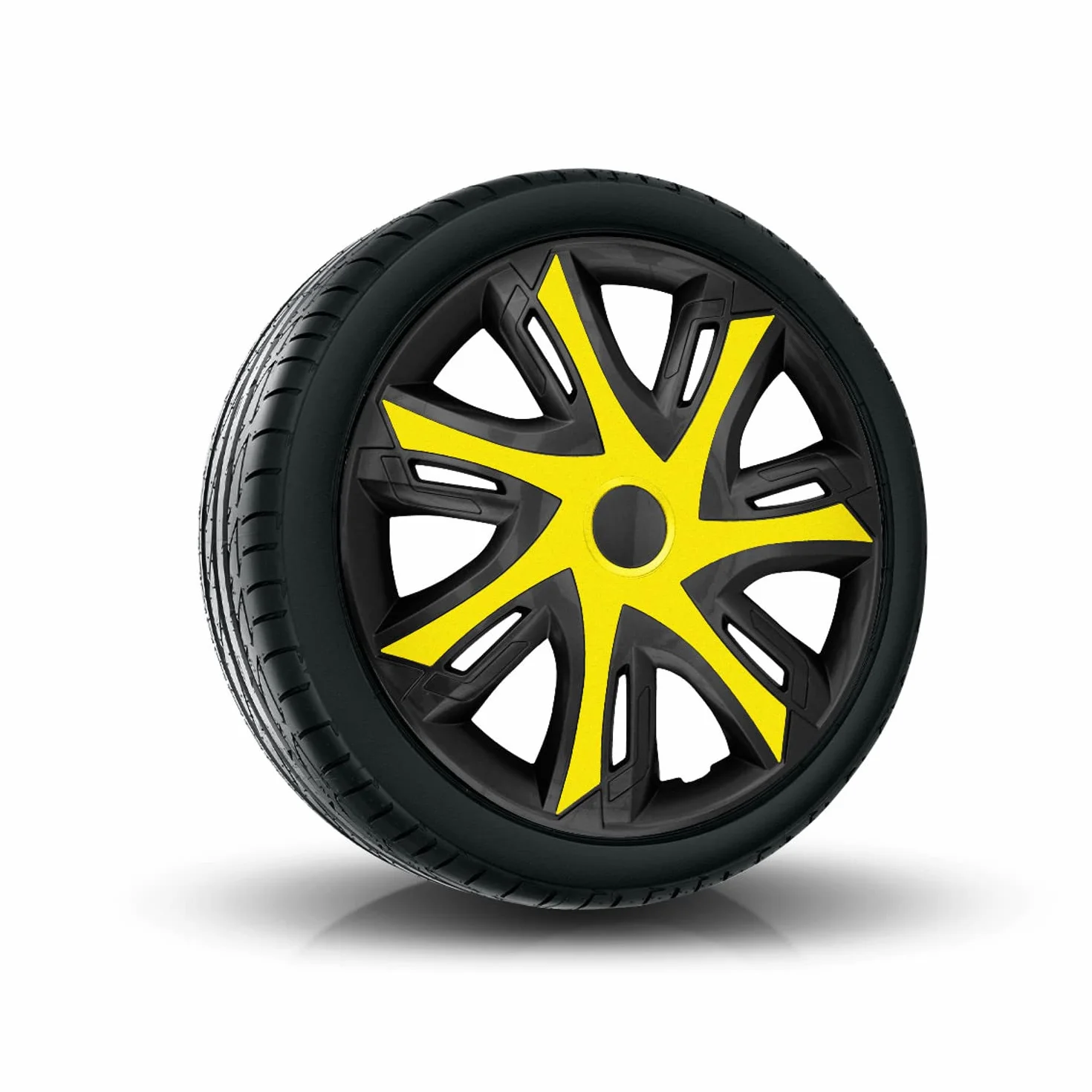 NRM Kołpaki 15" N-Power Żółto-Czarne, Zestaw 4 szt. Uniwersalne, Idealne do Kół Stalowych, Kołpaki Wciskane, Wykonane z Plastiku ABS, Komplet Kołpaków Ozdobnych do Opel, Fiat, Mazda