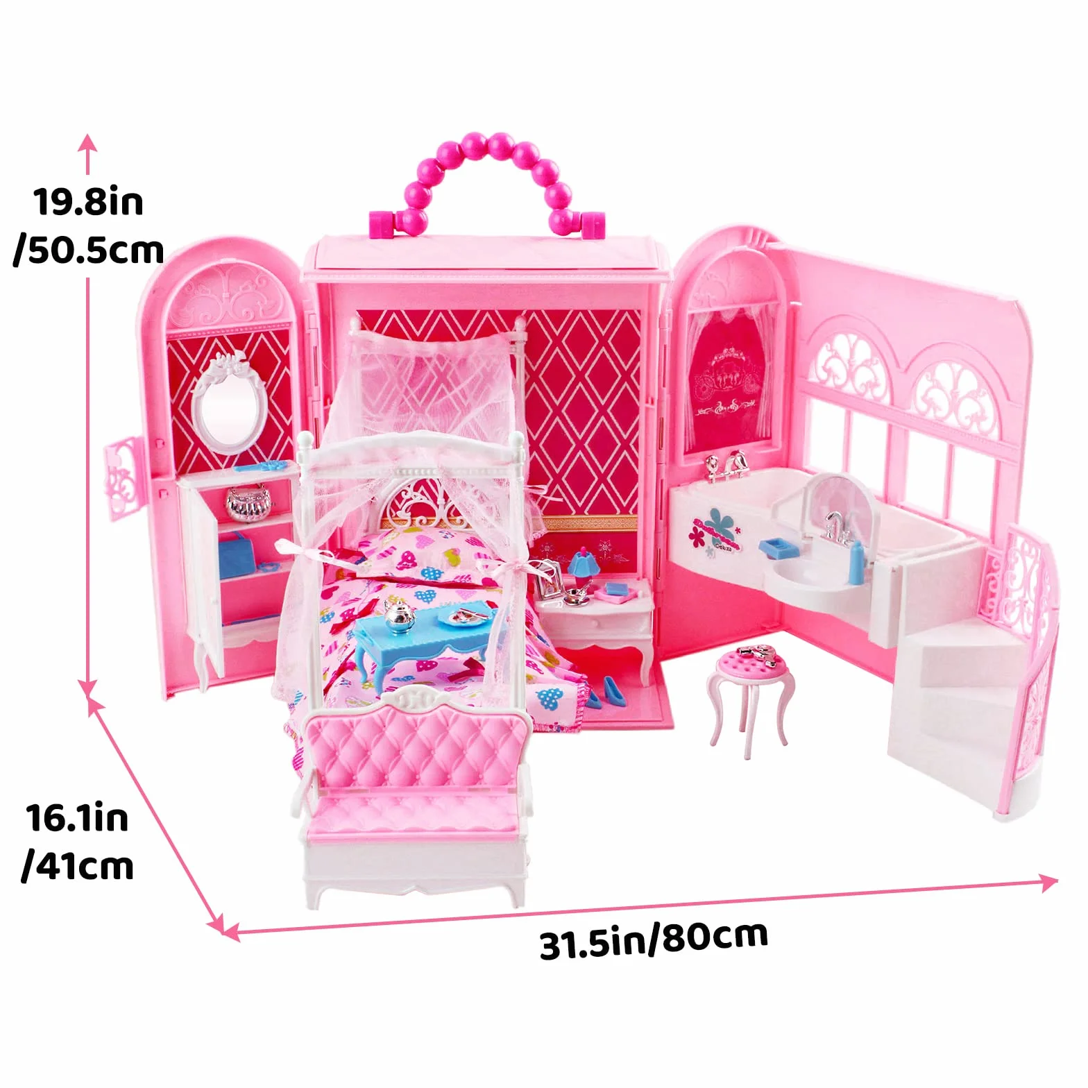 deAO Przenośne pudełko 2 w 1 i pokój dla lalek Princess Deluxe z meblami (lalka nie jest dołączona)