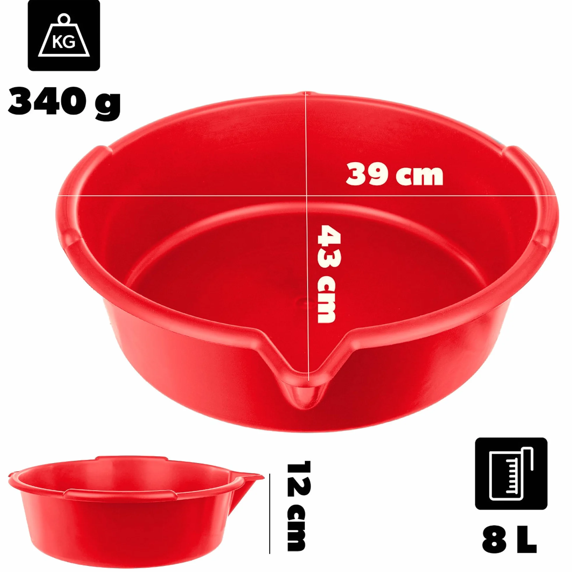 KADAX Brytfanna na olej ze zlewakiem 8L, wanna do spuszczania oleju śr. 39 cm, wielofunkcyjna wanna z tworzywa sztucznego, wanna do czyszczenia do zmiany oleju z uchwytami (czerwona)