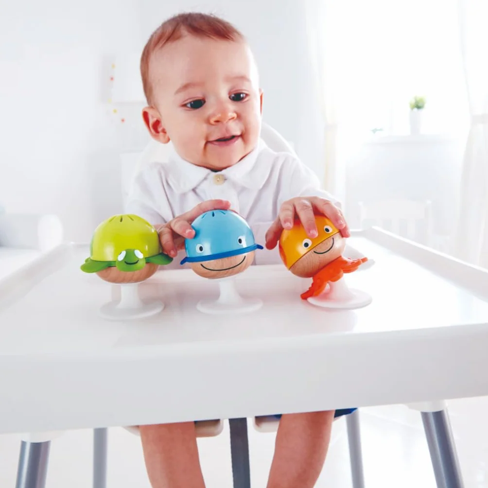 Rattle Set, Hape “Stay-Put” 3 Sea Creatures With Individual Sounds, Teether Details and Suction Pads. 0+ months