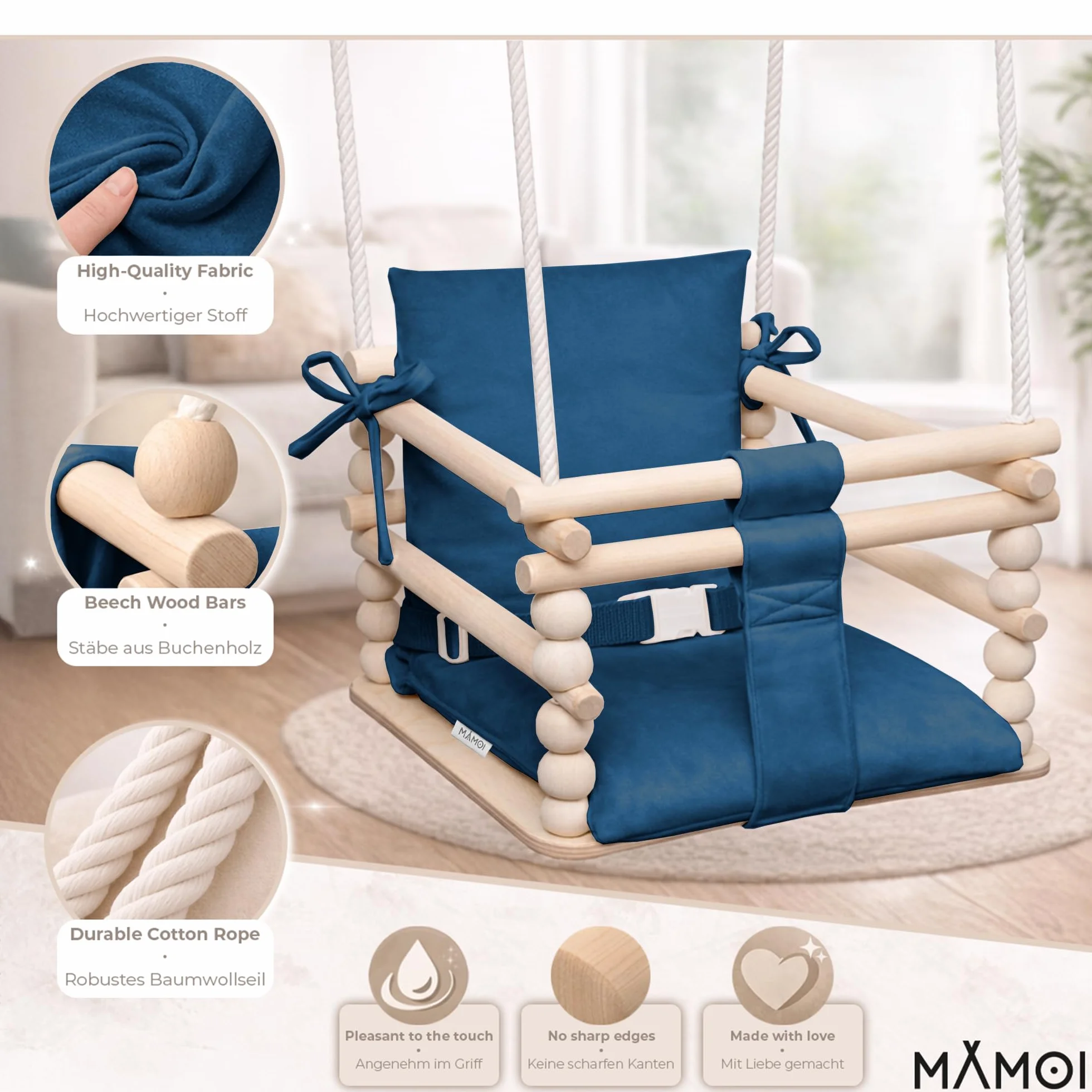 MAMOI® Huśtawka dziecięca 3 w 1 + PAS BEZPIECZEŃSTWA | Regulacja wysokości 190-260cm | Drewniana huśtawka dla dzieci | Wewnętrzna huśtawka dla dzieci do domu | CE | 100% ECO | Wyprodukowano w UE
