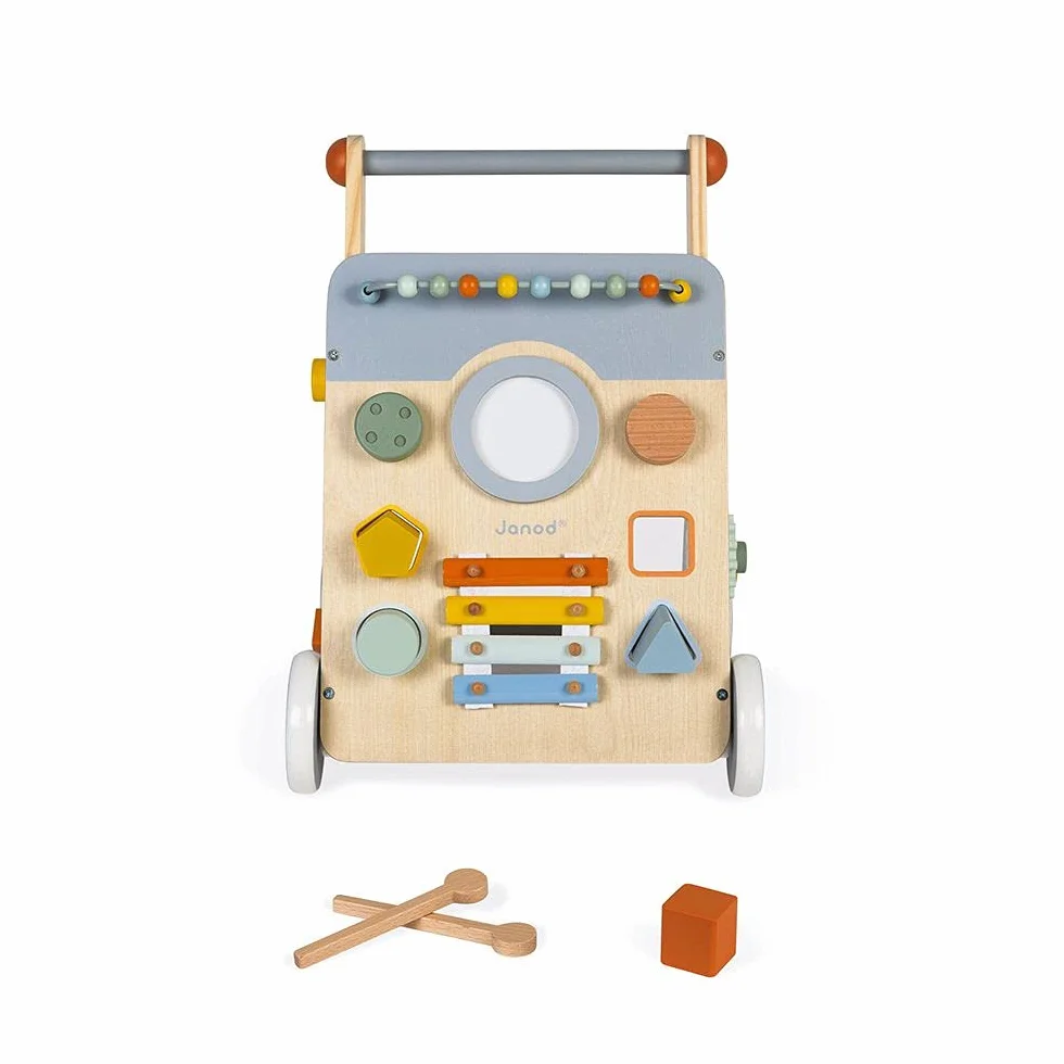 Janod - Sweet Cocoon Multi-Activity Cart - Wooden Push-In Walking Trolley - 9 Activities - Quiet Wheels, Water Based Paint - from 1 Year Old, J04410