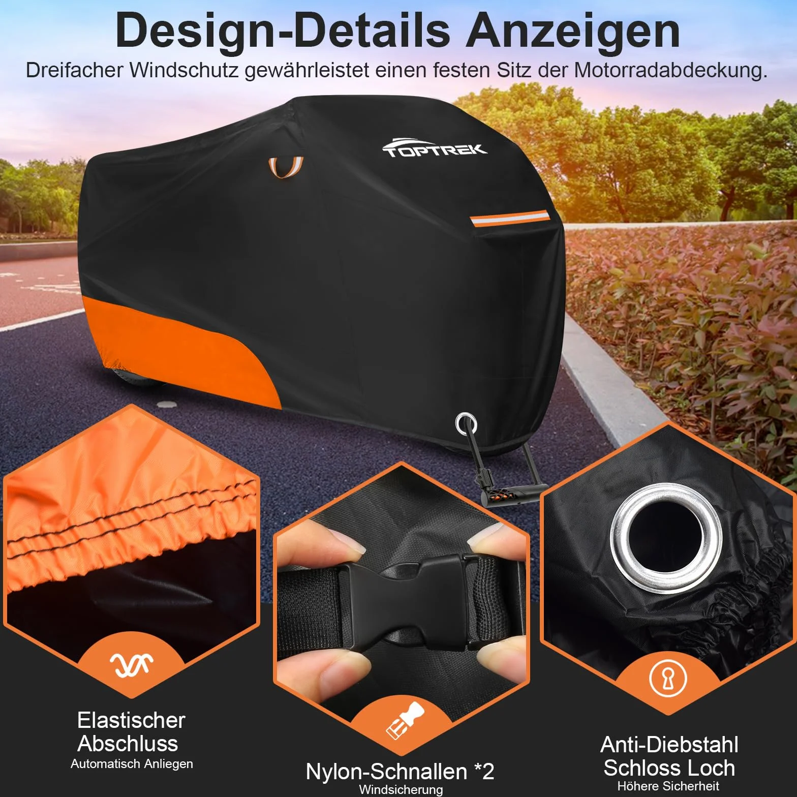 toptrek Plandeka okryciowa na motocykl, outdoorowa, XXL, wodoszczelna, odporna na zimę, z otworem na zamek, do modeli Harley Davidson, Honda, Suzuki, Kawasaki (245 x 105 x 125 cm)