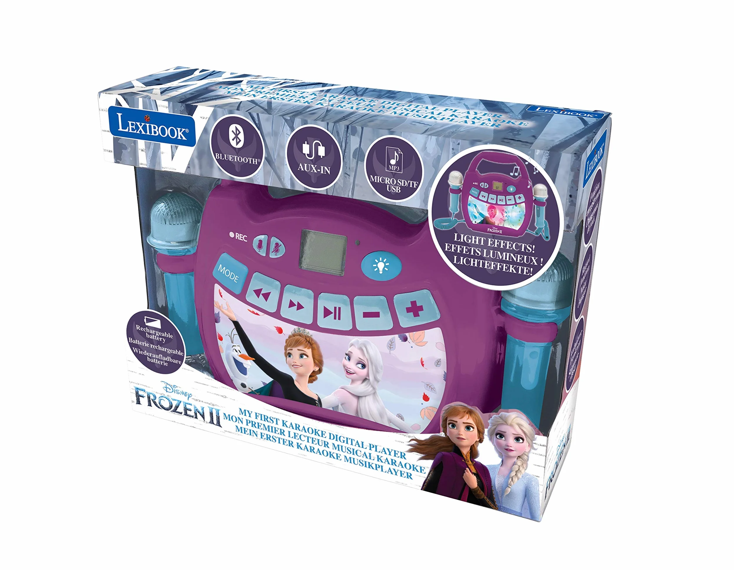 Lexibook, Frozen, Przenośny Odtwarzacz Cyfrowy Karaoke dla Dzieci, Mikrofony, Efekty Świetlne, Bluetooth, Funkcje Nagrywania i Zmiany Głosu, Fioletowy, MP320FZZ