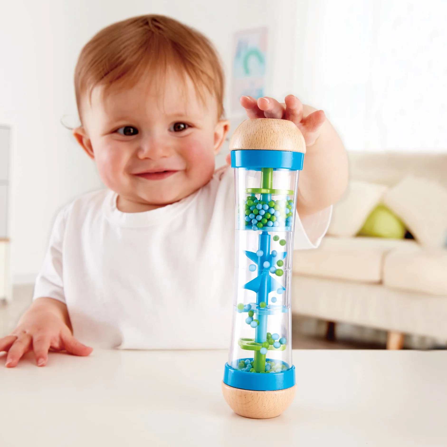 Hape Rainmaker , Mini Rattle Wooden Rainmaker Toy, Blue