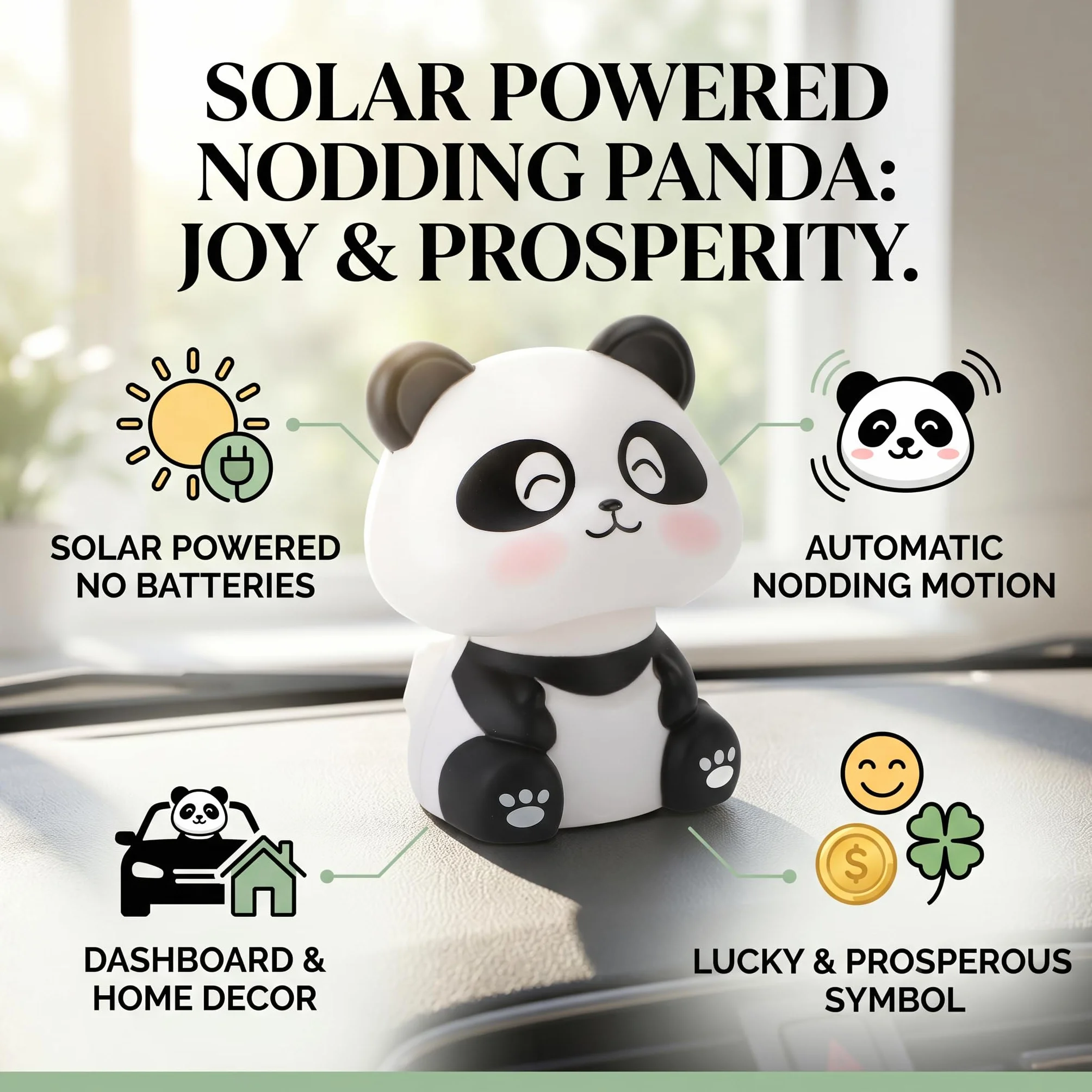 Solarna Figurka Pandy Kiwającej głową, Przyciągająca Bogactwo i Błogosławiąca Rzeźba Kiwającej Pandy dla Domowej Restauracji Samochodowej (Mrużące oczy)