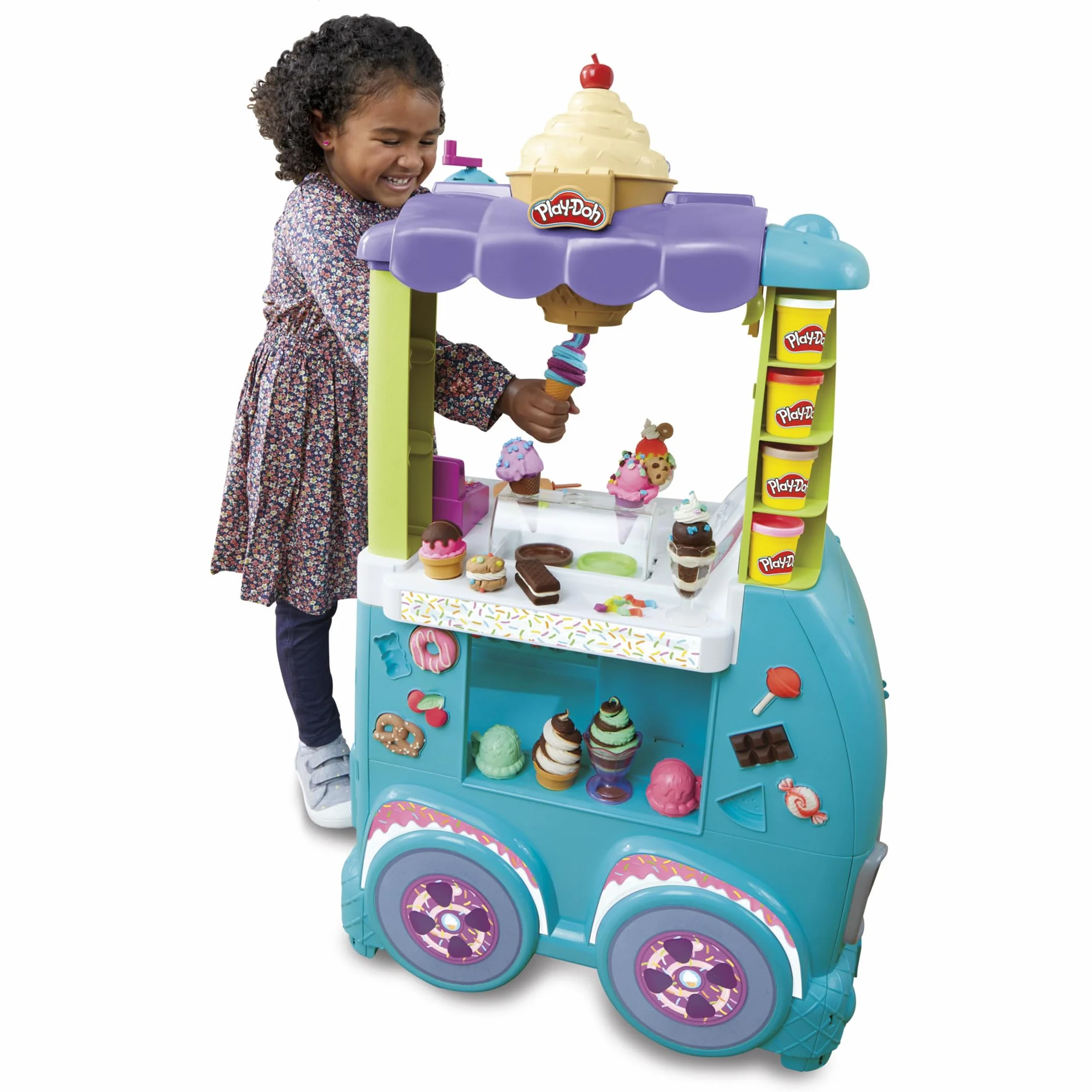 Zestaw do zabawy Play-Doh Kitchen Creations Najlepsza furgonetka z lodami z 27 akcesoriami, 12 pojemnikami z ciastoliną i realistycznymi dźwiękami