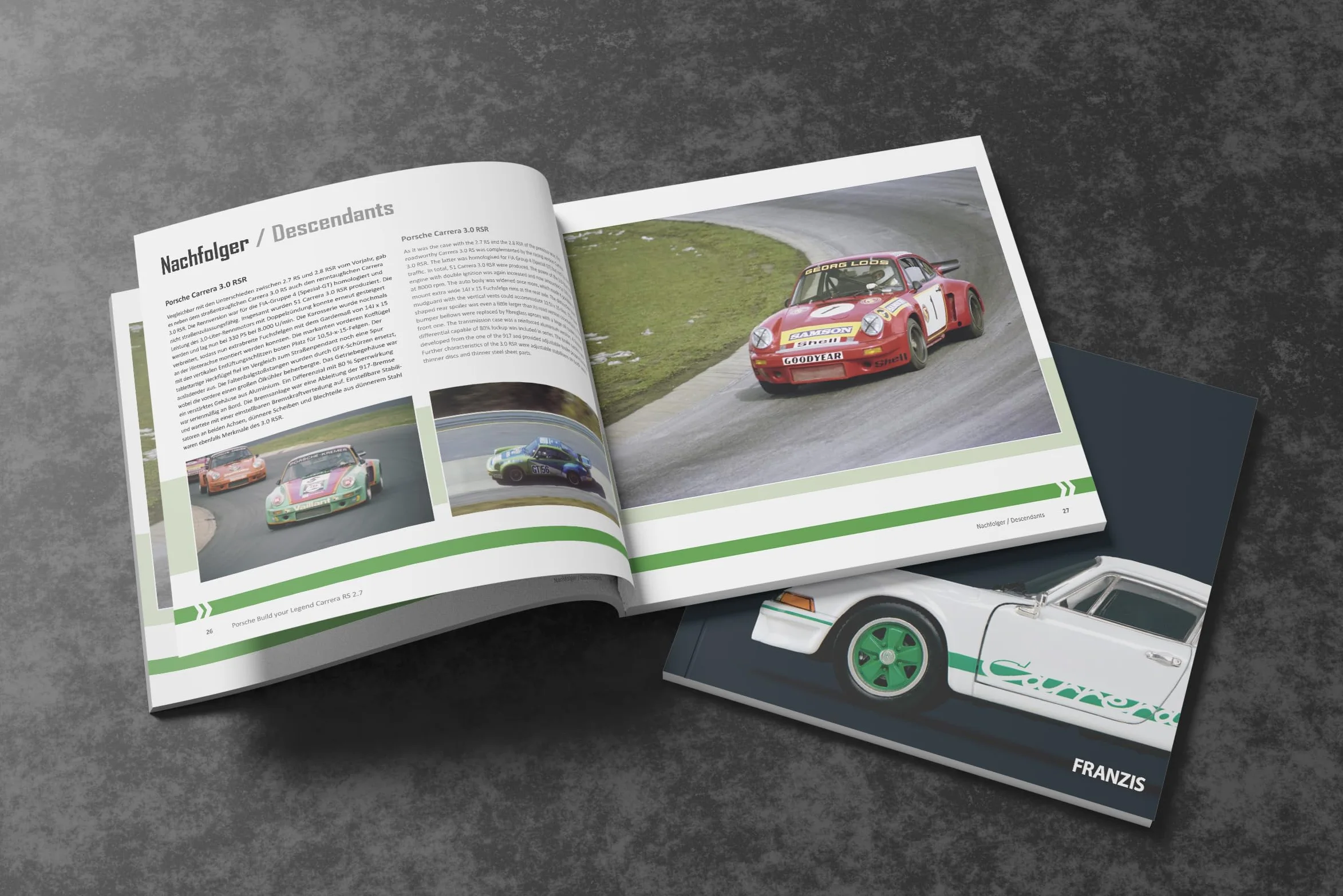 FRANZIS 67217 - Porsche Carrera RS - Build your Legend - a true-to-life model kit of 1:24 scale, a powerful sound base and LED showroom lights included and a comprehensive accompanying book