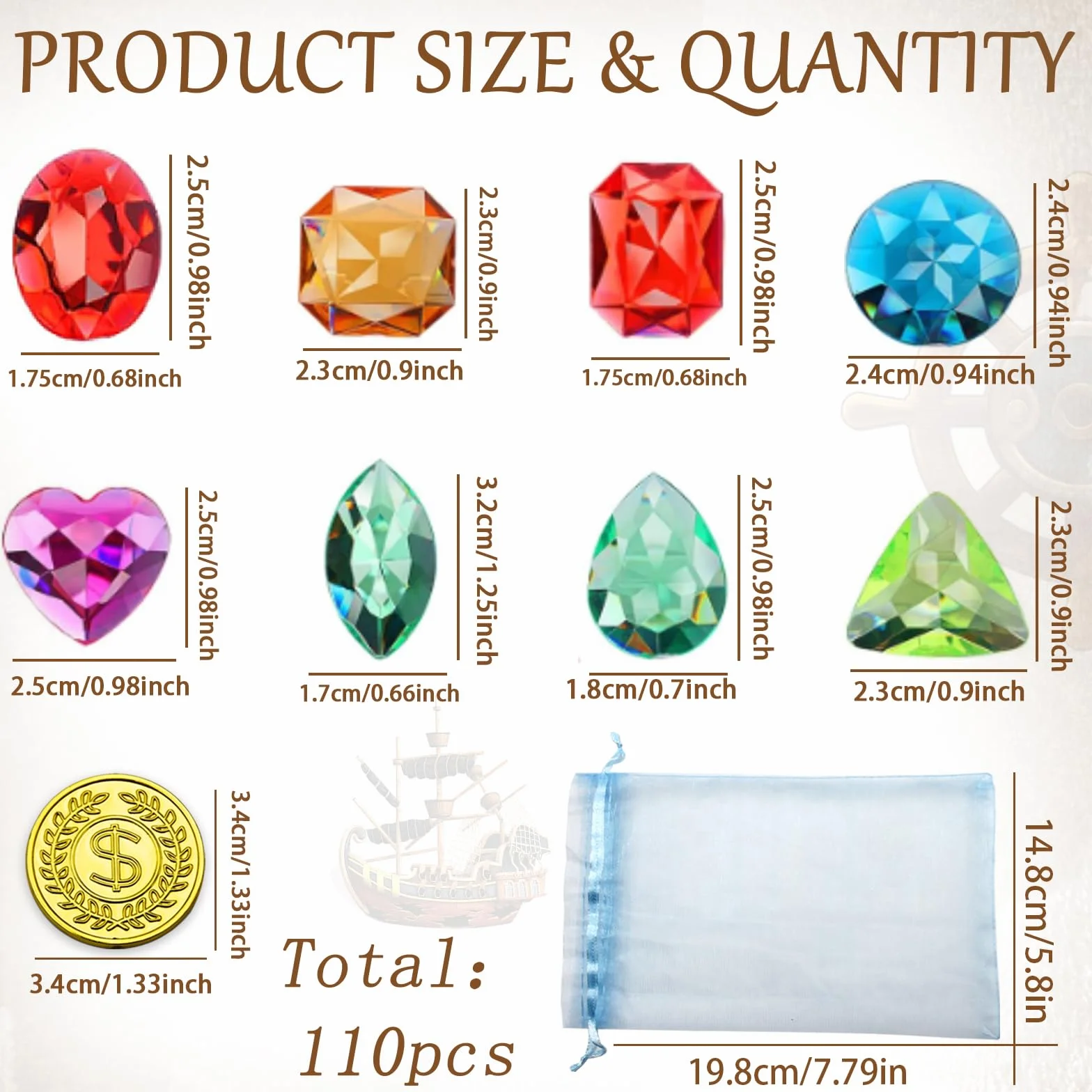 Kamienie szlachetne dla dzieci, 100 sztuk kolorowych akrylowych diamentów, przezroczyste kryształki diamentowe, dekoracja z 10 złotymi monetami, kryształami, dla dzieci, dla piratów