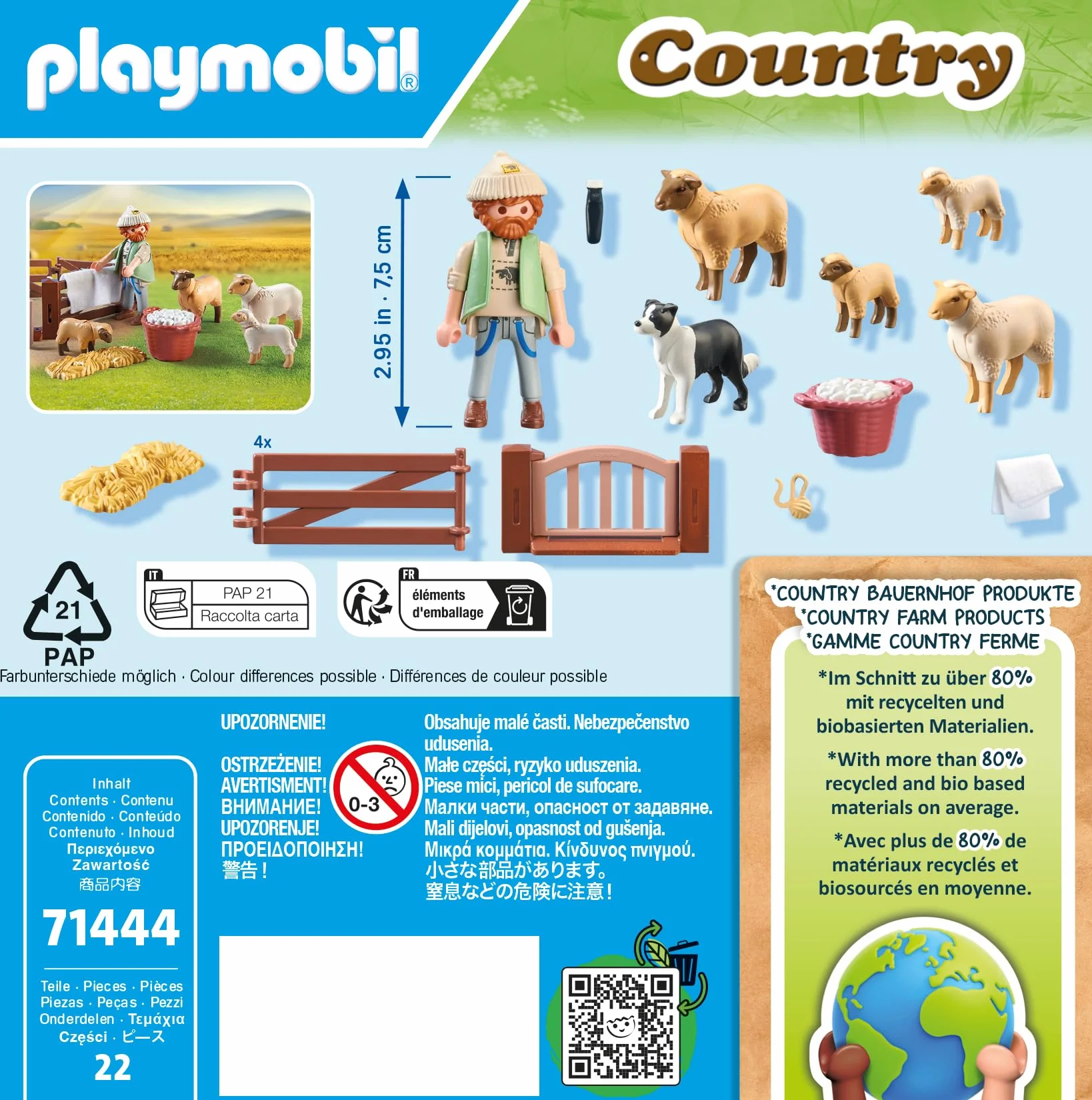 PLAYMOBIL Country 71444 Młody owczarz z owcami, border collie, maszynką do strzyżenia owiec i słomą. Zabawne i pomysłowe odgrywanie ról, zabawki dla dzieci w wieku od 4 roku życia