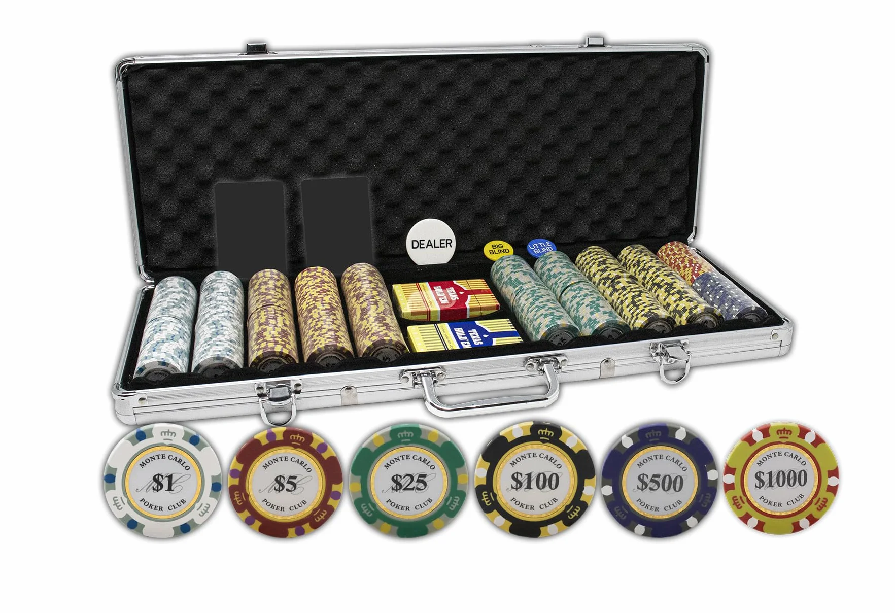 DA VINCI Monte Carlo Poker Club zestaw 500 sztuk 14 gramów 3-tonowych żetonów z ulepszoną aluminiową obudową, 2 talie plastikowych kart do gry, 2 wycięte karty, dealer i ślepe przyciski