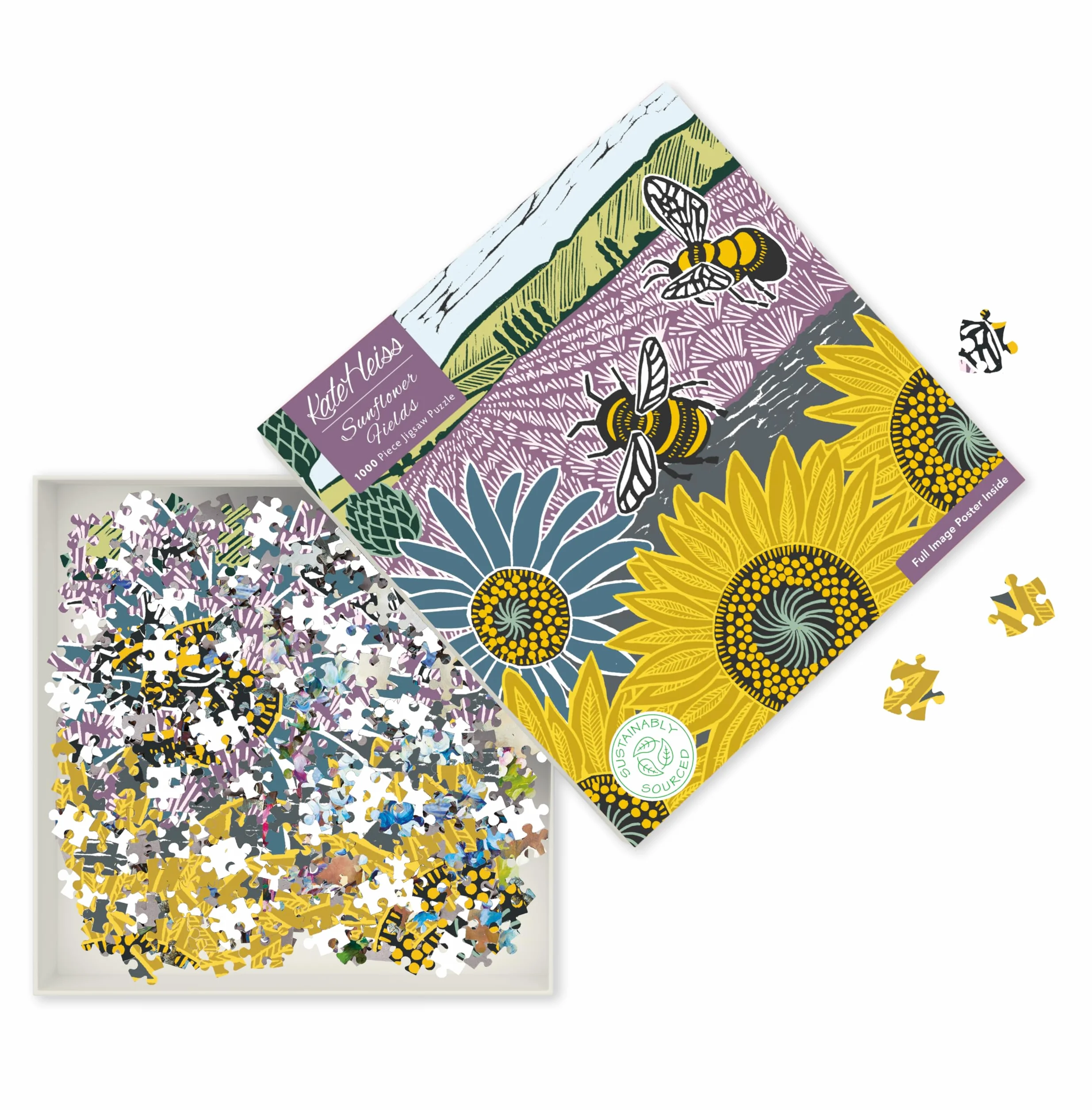 Puzzle – Kate Heiss, Sonnenblumenfeld: Unser faszinierendes, hochwertiges 1.000-teiliges Puzzle (73,5 x 51 cm) in stabiler Kartonverpackung