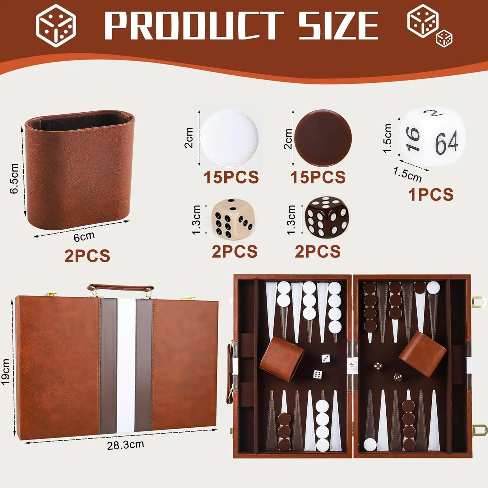 Backgammon drewniana walizka, dla 2 graczy, klasyczny zestaw podróżny do gry w backgammon z wysokiej jakości skórzanym pokrowcem, z kubkiem na kostkę, dla fanów kamperów i podróży