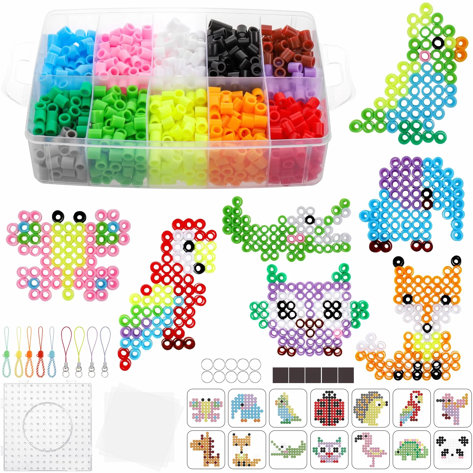Zocipro Zestaw 1300 szt. koraliki do prasowania, 14 kolorów 10 mm odlewane koraliki z etui, Pegboard, papier do prasowania, małe akcesoria, zestaw do zabawy dla dzieci DIY