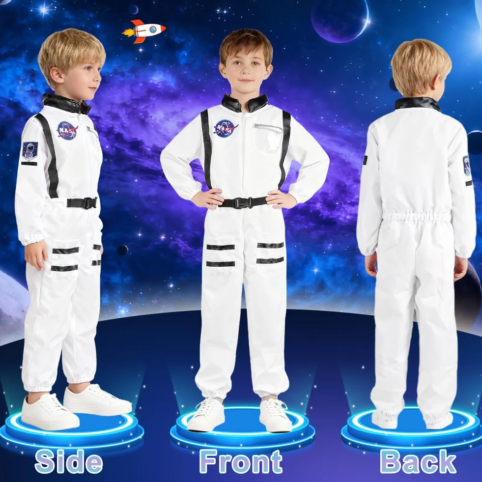 Kostium astronautów dla dzieci, 2 szt. Chłopcy i dziewczęta kombinezon kosmiczny unisex z kaskiem, dziecko kosmiczne ubrania na karnawał Halloween Boże Narodzenie Cosplay