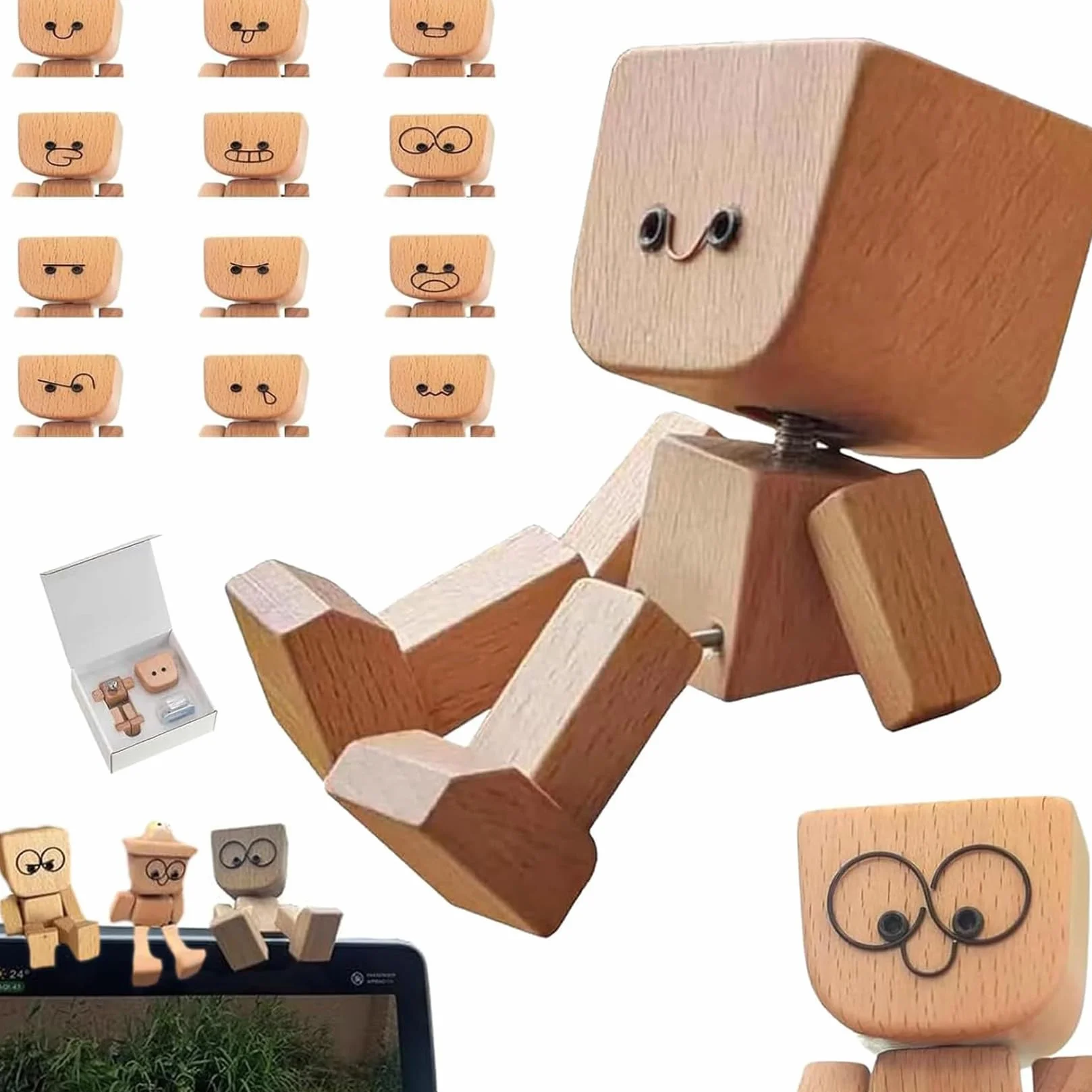 Shaking Wooden Man figurka z 12 wymiennymi wyrażeniami na desce rozdzielczej, dekoracja samochodu, akcesoria do wnętrza samochodu