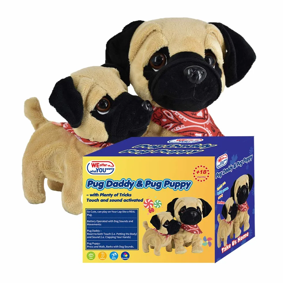 WEofferwhatYOUwant Mops Daddy & Mops Puppy - pluszowe elektroniczne zabawki psy - dotyk i dźwięk, gra sztuczki, szczeka i przytulania. Ciesz się wspólnymi mopsami. Wiek 18 miesięcy i starszych