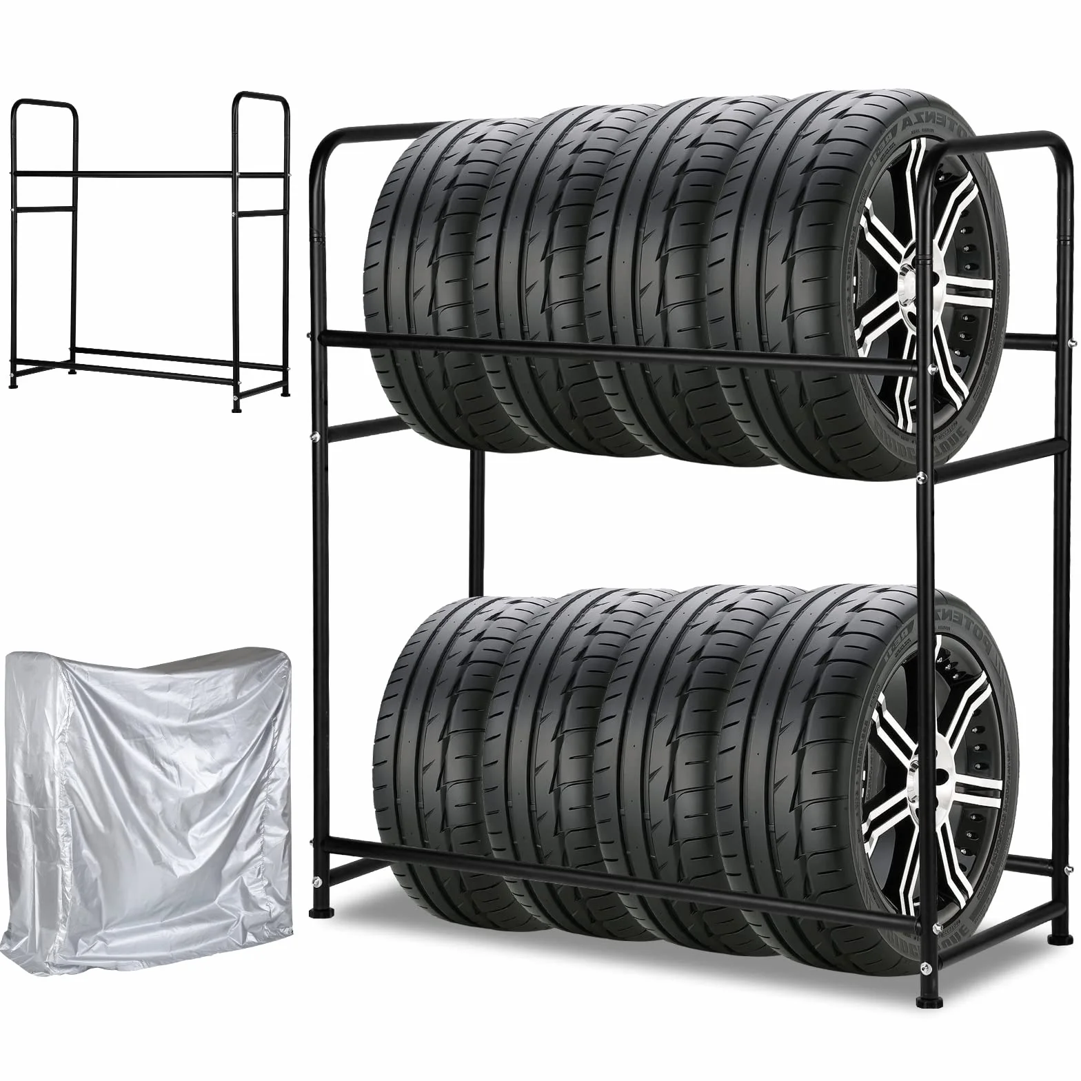 Regał na opony 107x46x117 cm stojak na 8 opon nośność 180 kg z regulacją wysokości
