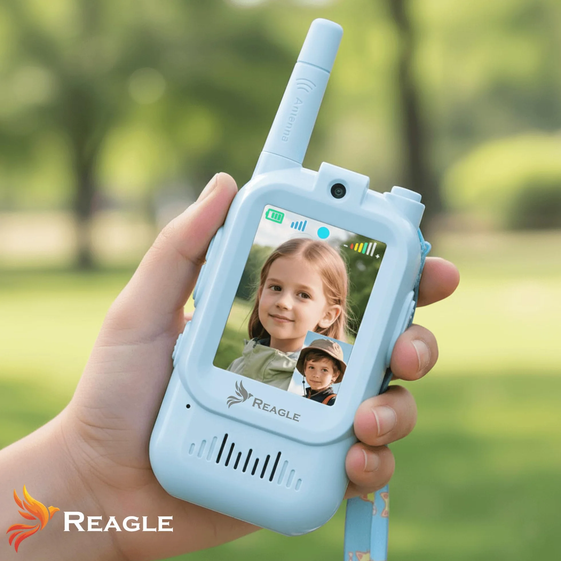 Reagle Krótkofalówka dla dzieci 2 szt. z Ekranem Video i Zmianą Głosu, Walkie Talkie USB-C Zasięg do 300 m Przesyłanie Zdjęć, Zabawka ŁOKI TOKI Prezent dla chłopca dziewczynki