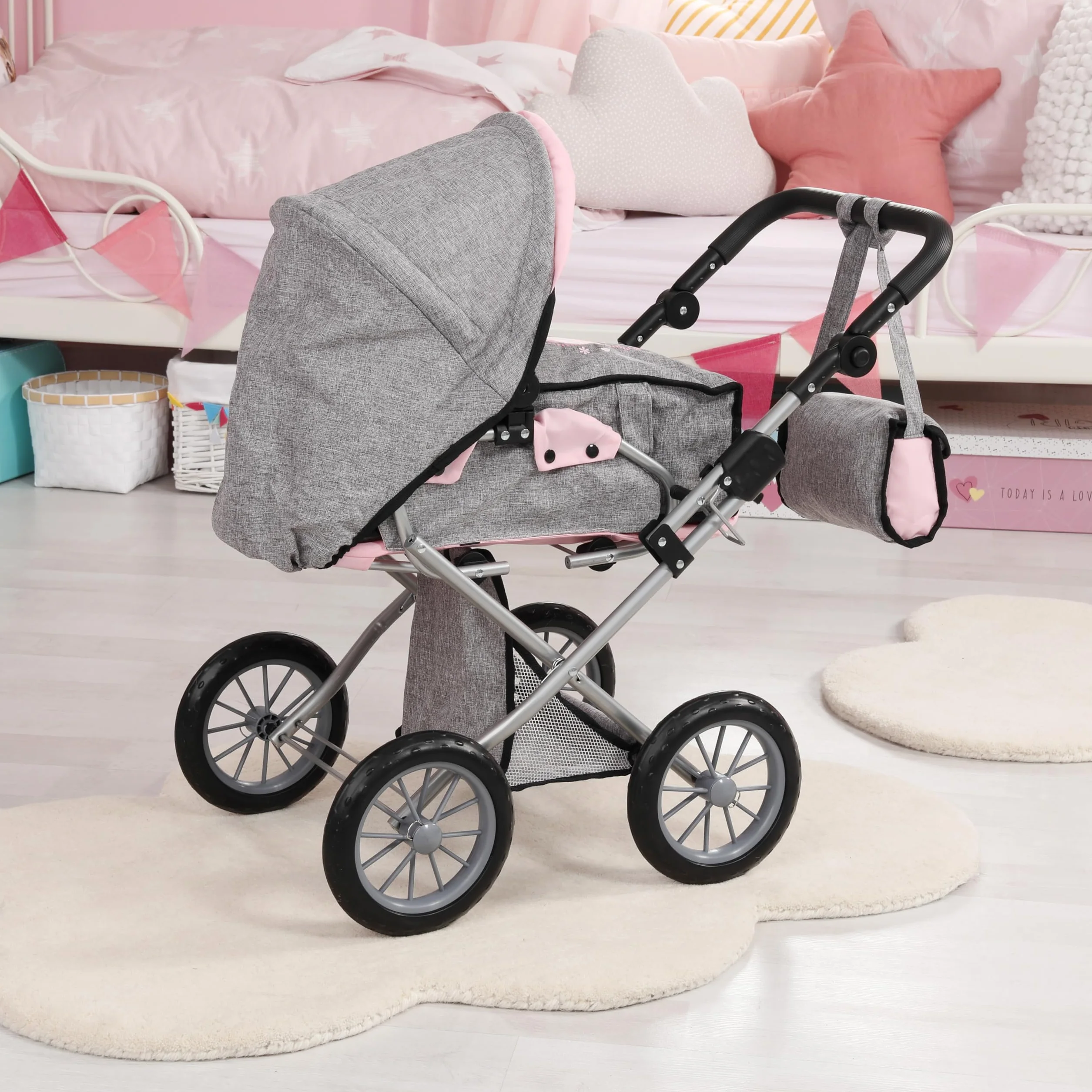 Bayer Design 13633AA Wózek dla lalek City Star combi, zdejmowaną gondolą i torbą na ramię, regulacją wysokości, wymienic na wózek do joggingu, niebieski, szary, motylkiem